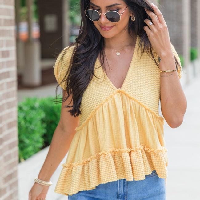 Rays Of Hope Yellow Waffle and Gauze Babydoll Top SALE Product Image