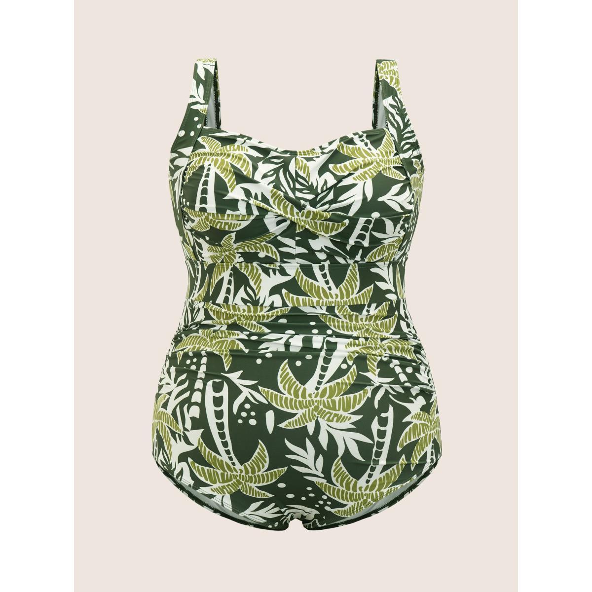 Plus Size Heart Neckline Tropical Print Crossover One Piece Swimsuit Women's Swimwear ArmyGreen Beach Twist Curve Bathing Suits High stretch One Pieces BloomChic 22-24/3X Product Image