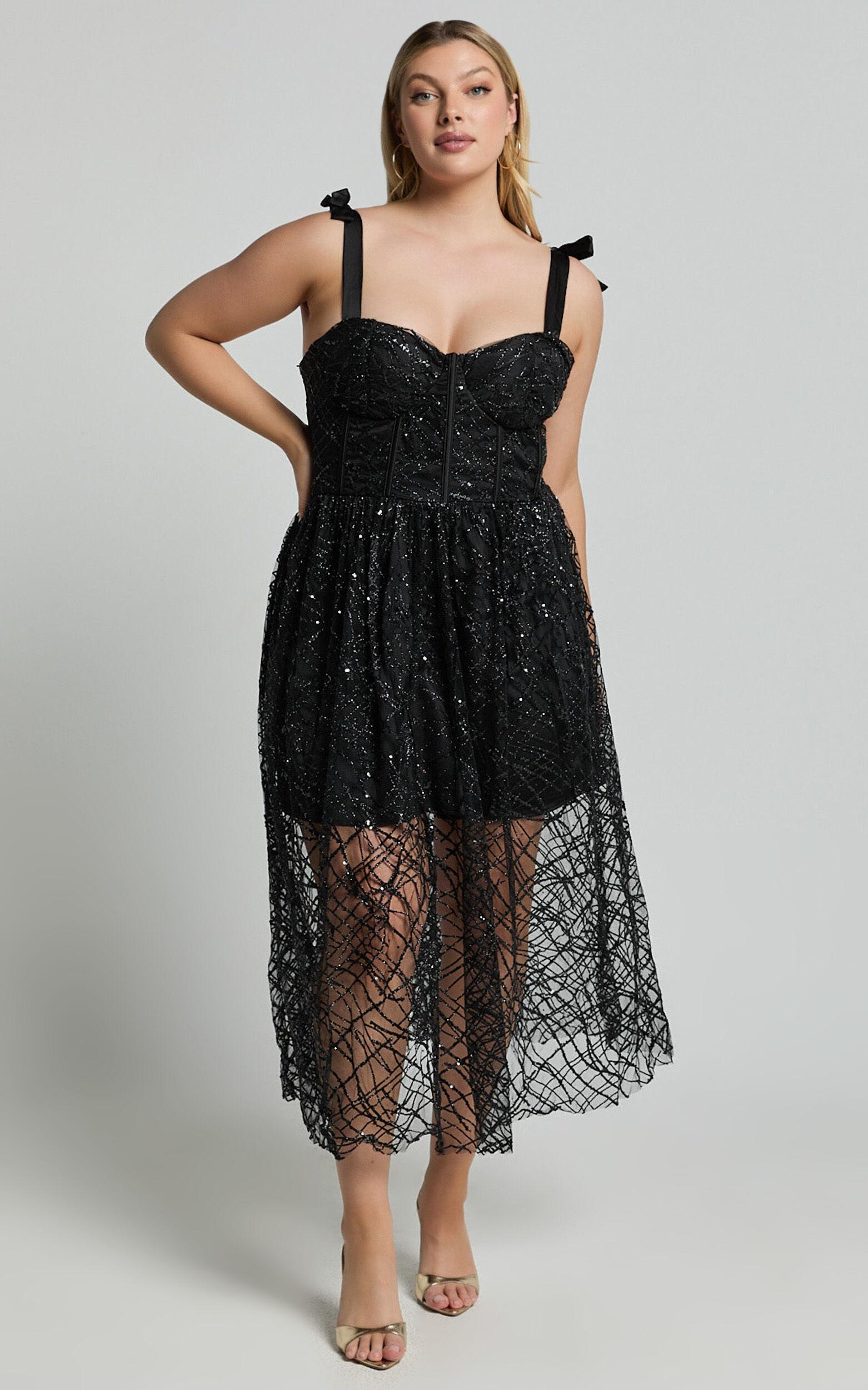 Rimea Midi Dress - Tie Shoulder Bustier Bodice Glitter Tulle Dress in Black Product Image