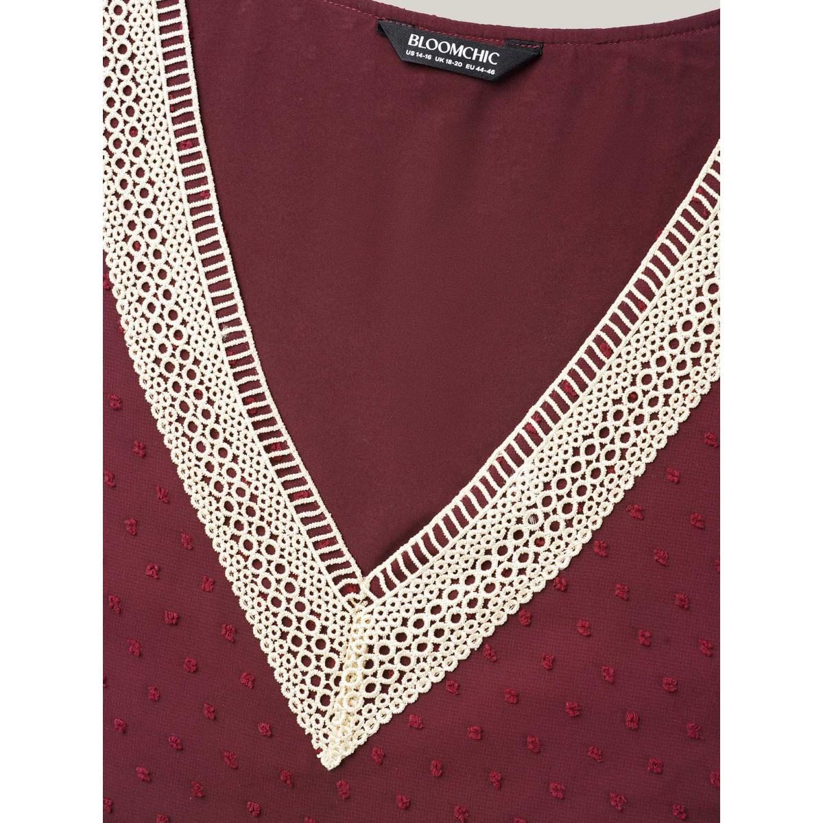 Plus Size Burgundy Contrast Webbing Cut-Out Stretchy-Waist Blouse Women Elegant Extra Long Sleeve V-neck Everyday Blouses BloomChic 12/L Product Image