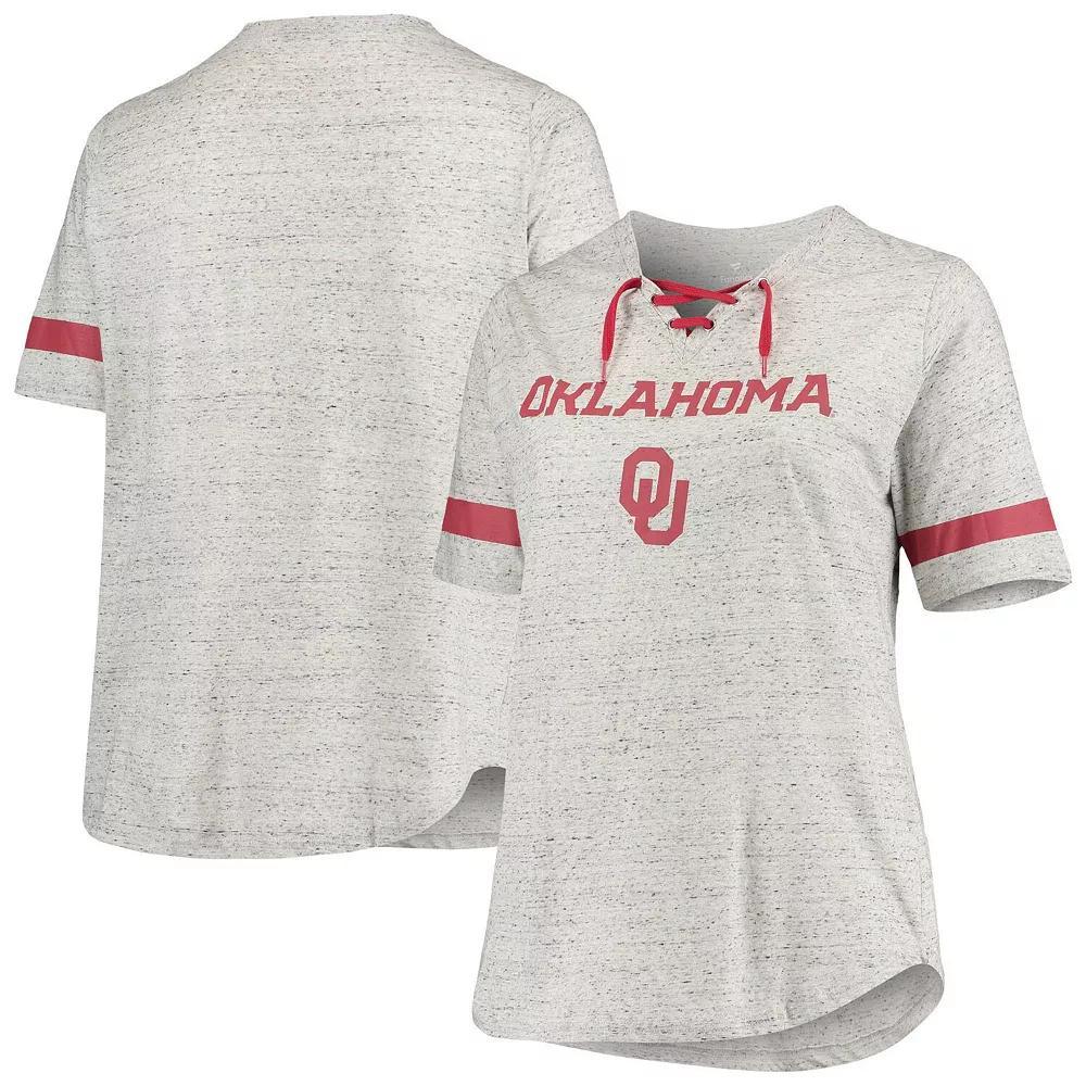 Women's Heathered Gray Oklahoma Sooners Plus Size Lace-Up V-Neck T-Shirt, Size: 1XL, Grey Product Image