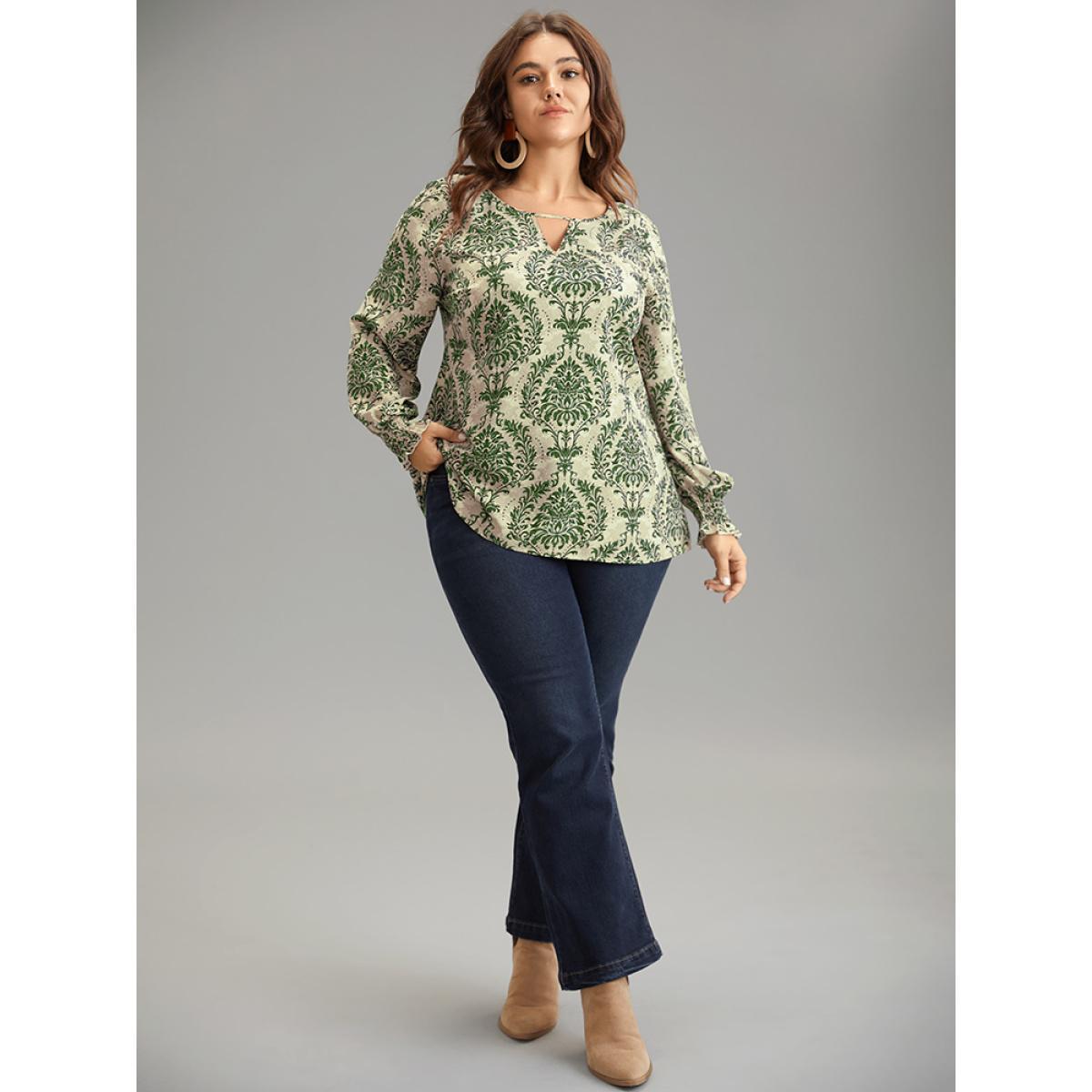 Plus Size Green Bandana Print Keyhole Shirred Lantern Sleeve Blouse Women Vacation Long Sleeve Keyhole Cut-Out Vacation Blouses BloomChic 18-20/2X Product Image