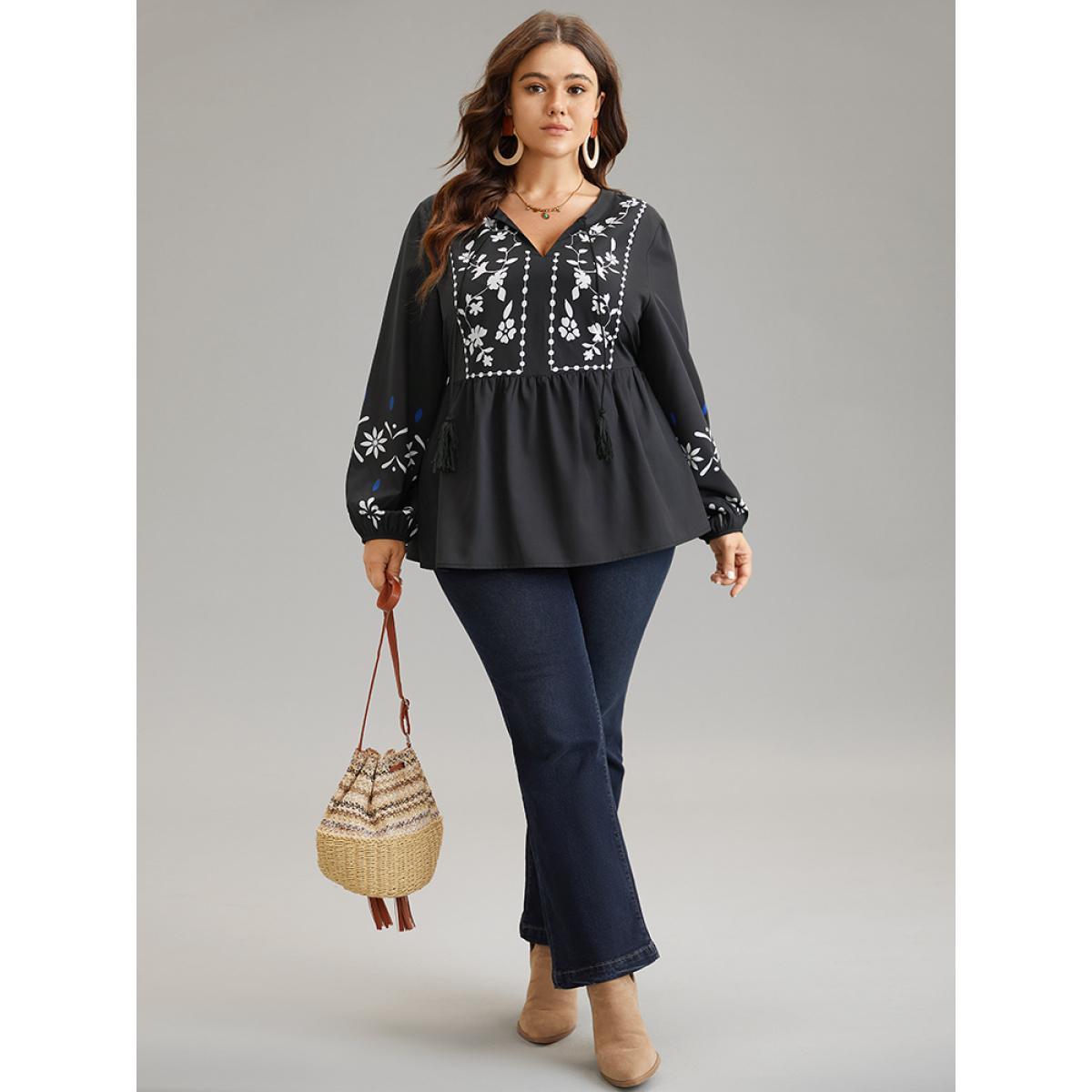 Plus Size Black Boho Print Tie Neck Elastic Waist Tassels Blouse Women Resort Long Sleeve Tie Neck Vacation Blouses BloomChic 12/L Product Image