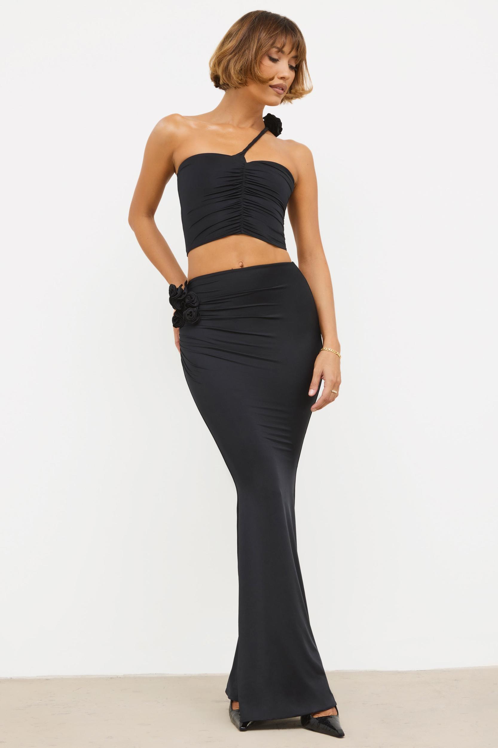 Slinky Jersey Rose Detail Mid-Rise Maxi Skirt in Black Product Image