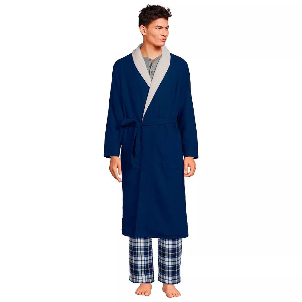 Mens Lands End Sherpa-Lined Flannel Robe Deep Blue Product Image