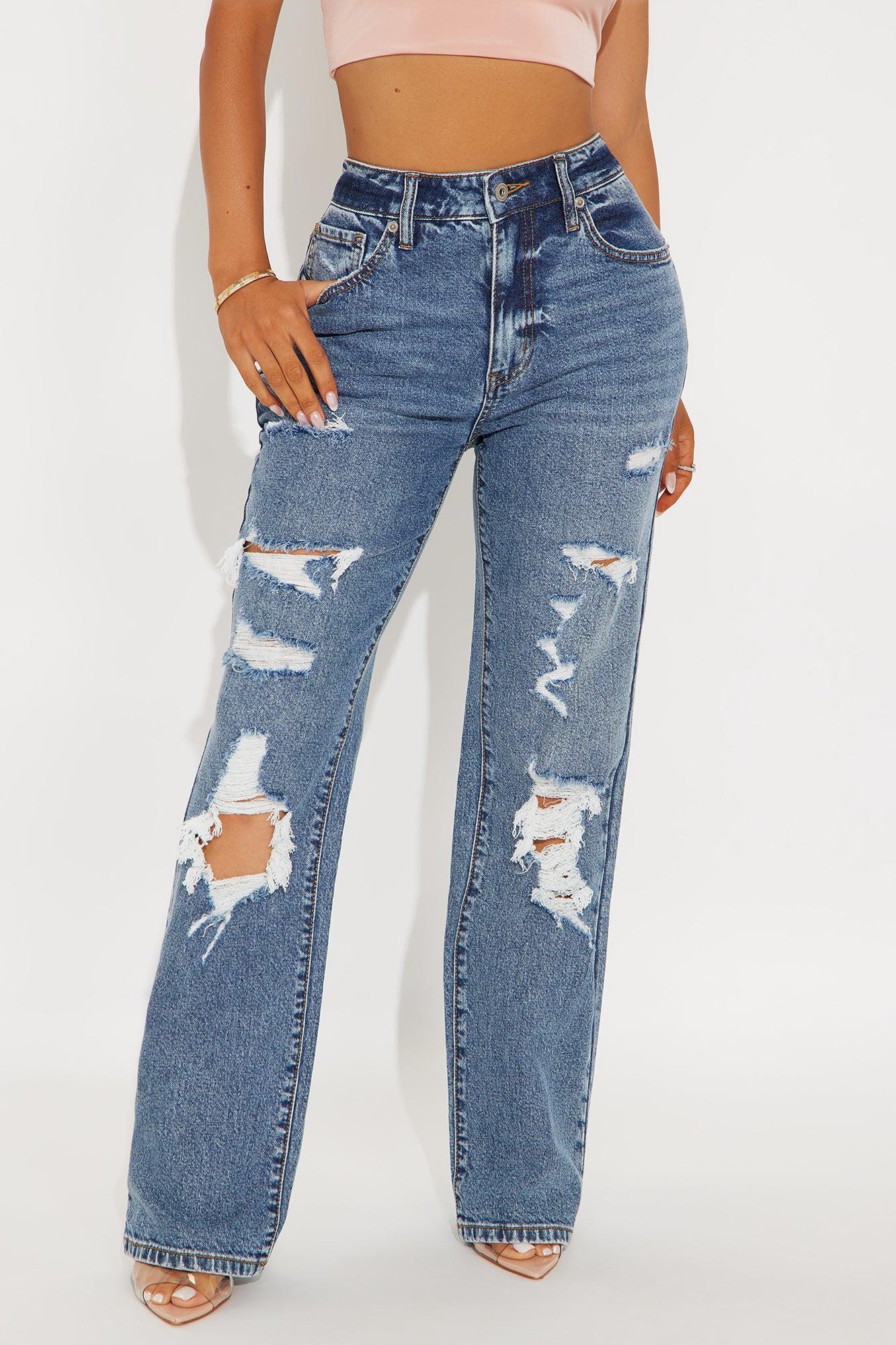 Petite Posted Stretch Ripped Straight Leg Jeans - Medium Wash Product Image