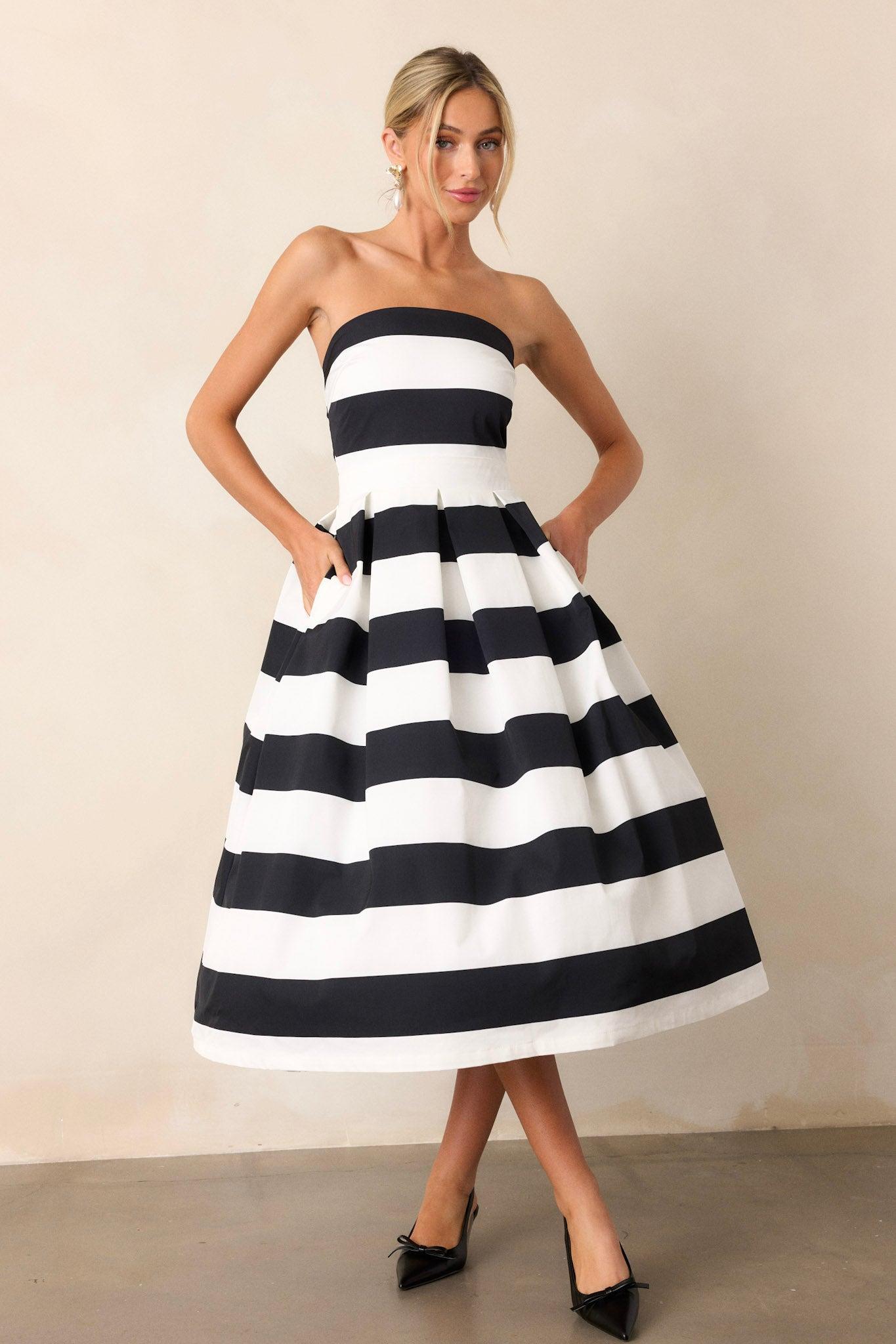 Crisp Contrast Black & White Stripe Strapless Midi Dress Product Image