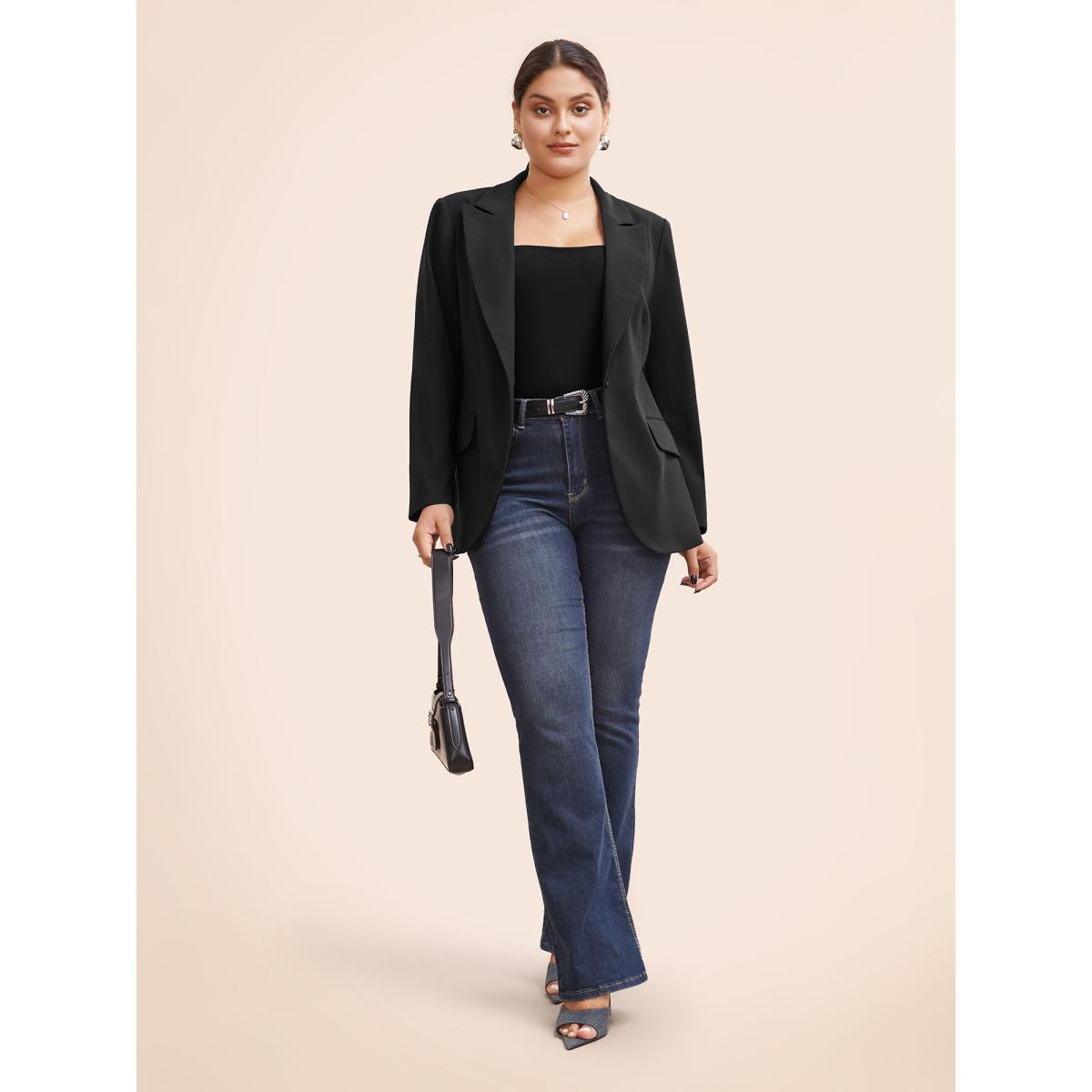 Plus Size Stretch Woven Pocket Slim-Fit Blazer Black Women Work Button Sleeve Extra Long Sleeve Suit Collar 30/6X Open pocket with flap At the Office Blazers BloomChic Product Image
