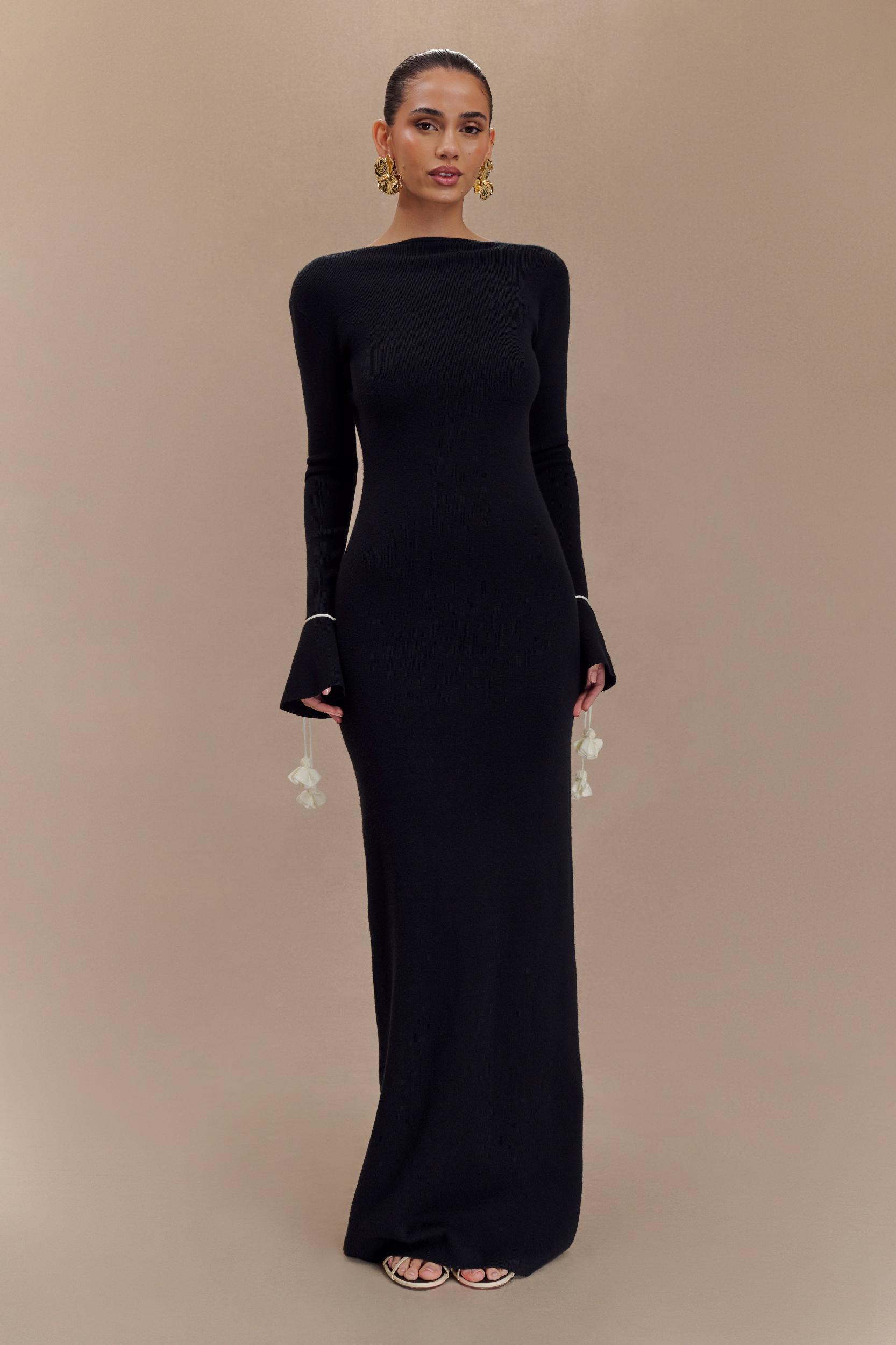 Erica Knit Maxi Dress With Floral Ties - Black And White Product Image