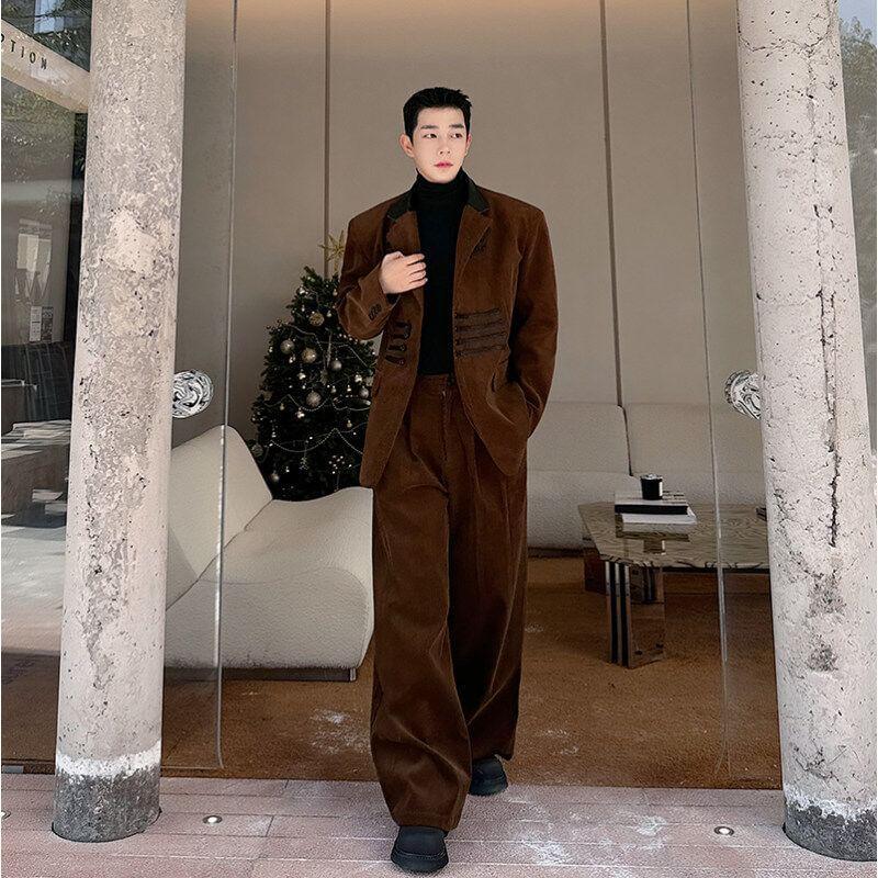 Set: Stand Collar Faux Leather Panel Frog Buttoned Blazer + High Waist Plain Wide Leg Dress Pants Product Image