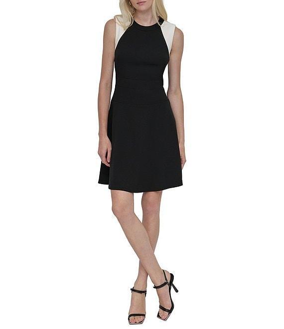 DKNY by Donna Karan Scuba Crepe Colorblock Crew Neck Sleeveless Fit and Flare Dress Product Image
