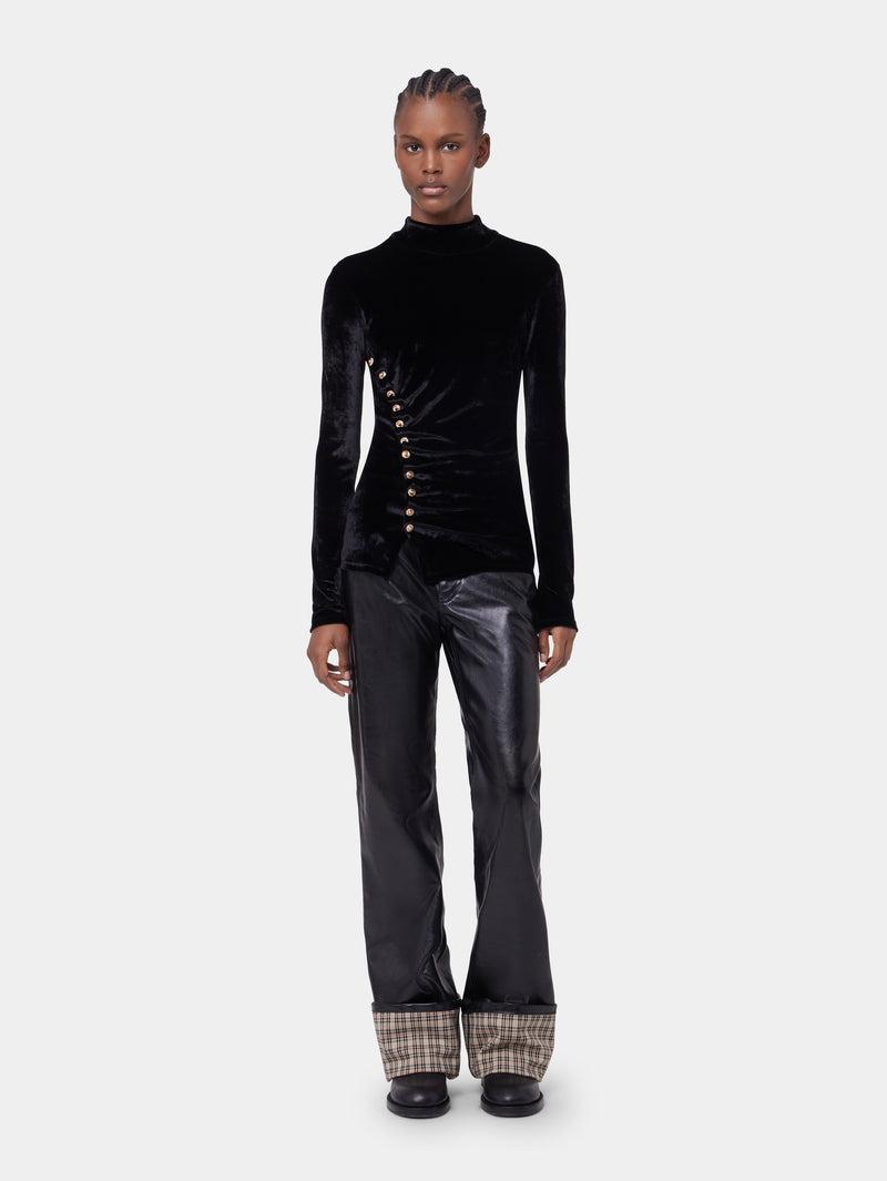 BLACK LONG-SLEEVED DRAPE TOP IN VELVET Product Image
