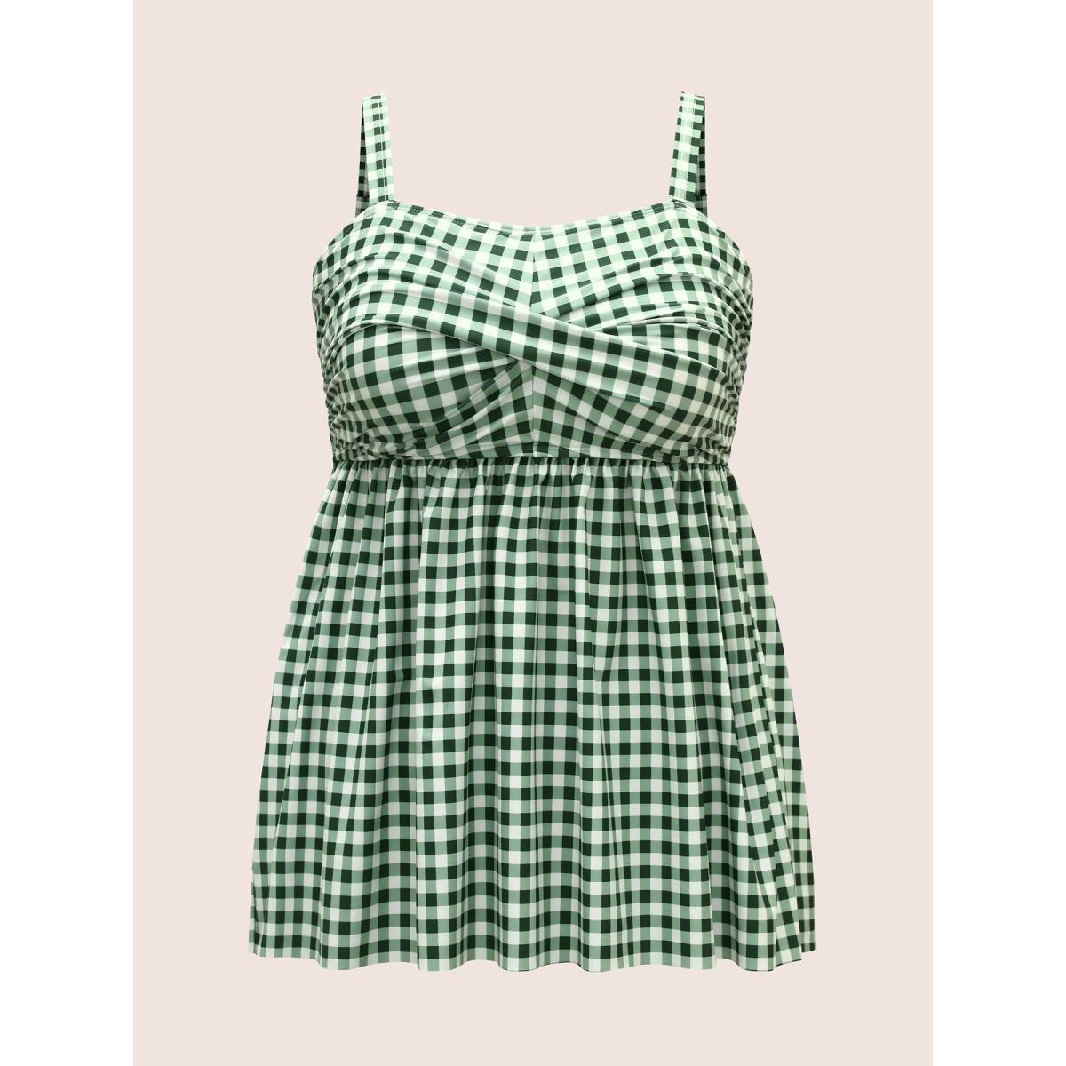 Plus Size Gingham Twist Front Adjustable Straps Swim Top Women's Swimwear Truegreen Beach Twist High stretch Bodycon Heart neckline Curve Swim Tops BloomChic 10/M Product Image