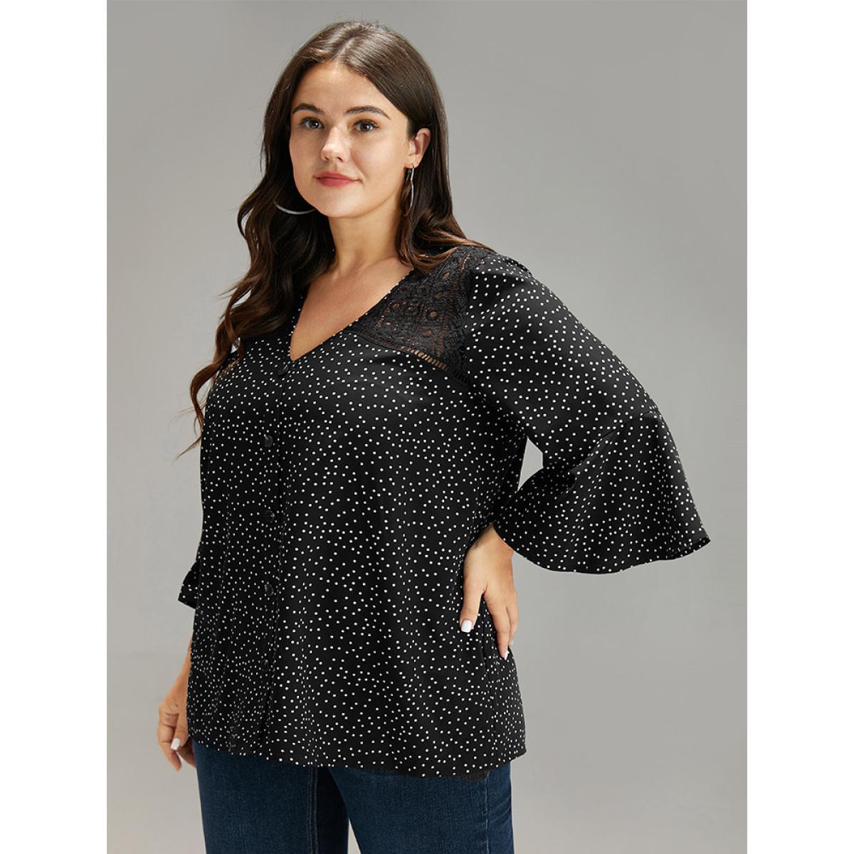 Plus Size Black Polka Dot Crochet Lace Button Detail Blouse Women Elegant Elbow-length sleeve V-neck Dailywear Blouses BloomChic 26/4X Product Image