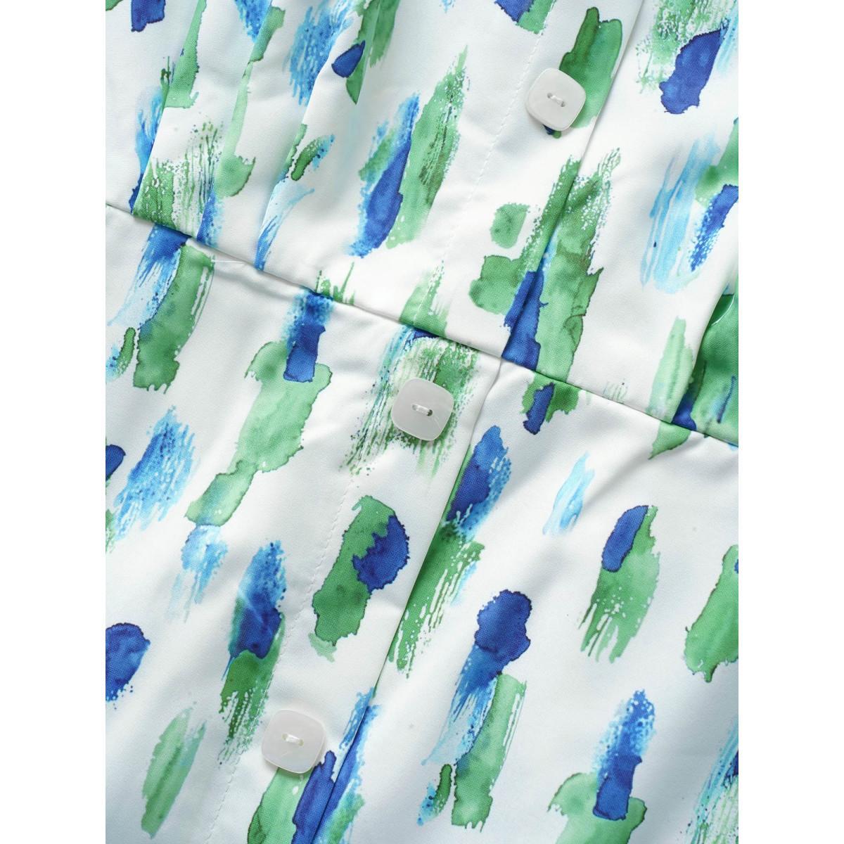Plus Size Allover Print Tiered Ruffle Cap Sleeve Dress White Women At the Office Button V-neck Cap Sleeve Curvy BloomChic 26/4X Product Image