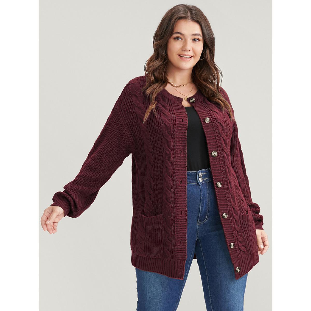 Plus Size Solid Pointelle Knit Cable Knit Button Front Cardigan Rust Women Casual Loose Long Sleeve Work Cardigans BloomChic 12/L Product Image