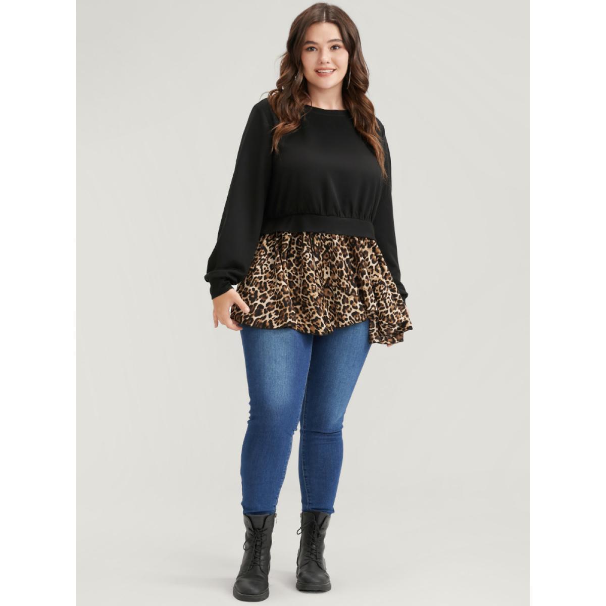Plus Size Leopard Patchwork Asymmetrical Hem Sweatshirt Women Black Elegant Contrast Round Neck Dailywear Sweatshirts BloomChic 28/5X Product Image