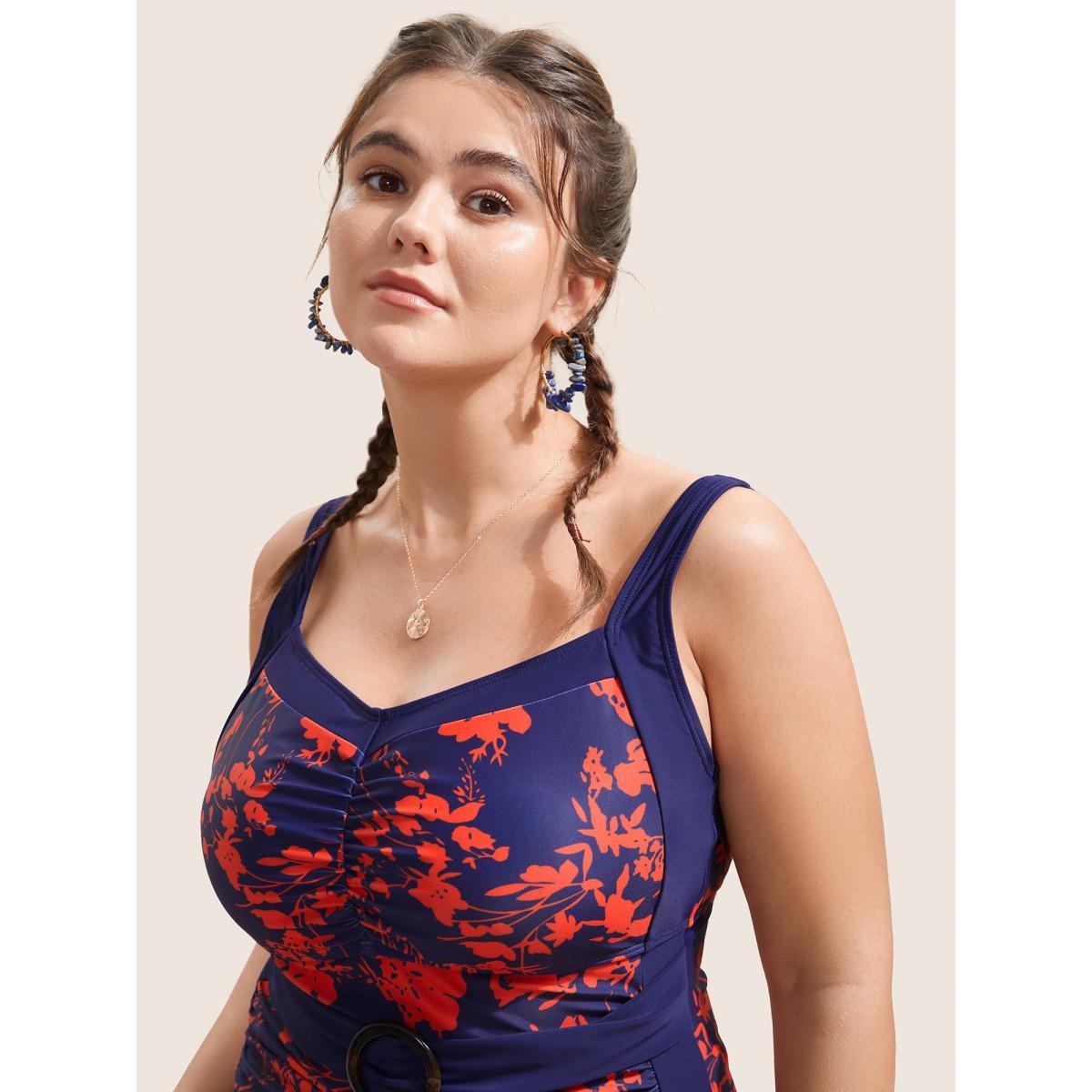 Plus Size Silhouette Floral Ruched Buckle Detail One Piece Swimsuit Women's Swimwear DarkBlue Beach Non Curve Bathing Suits High stretch One Pieces BloomChic 18-20/2X Product Image