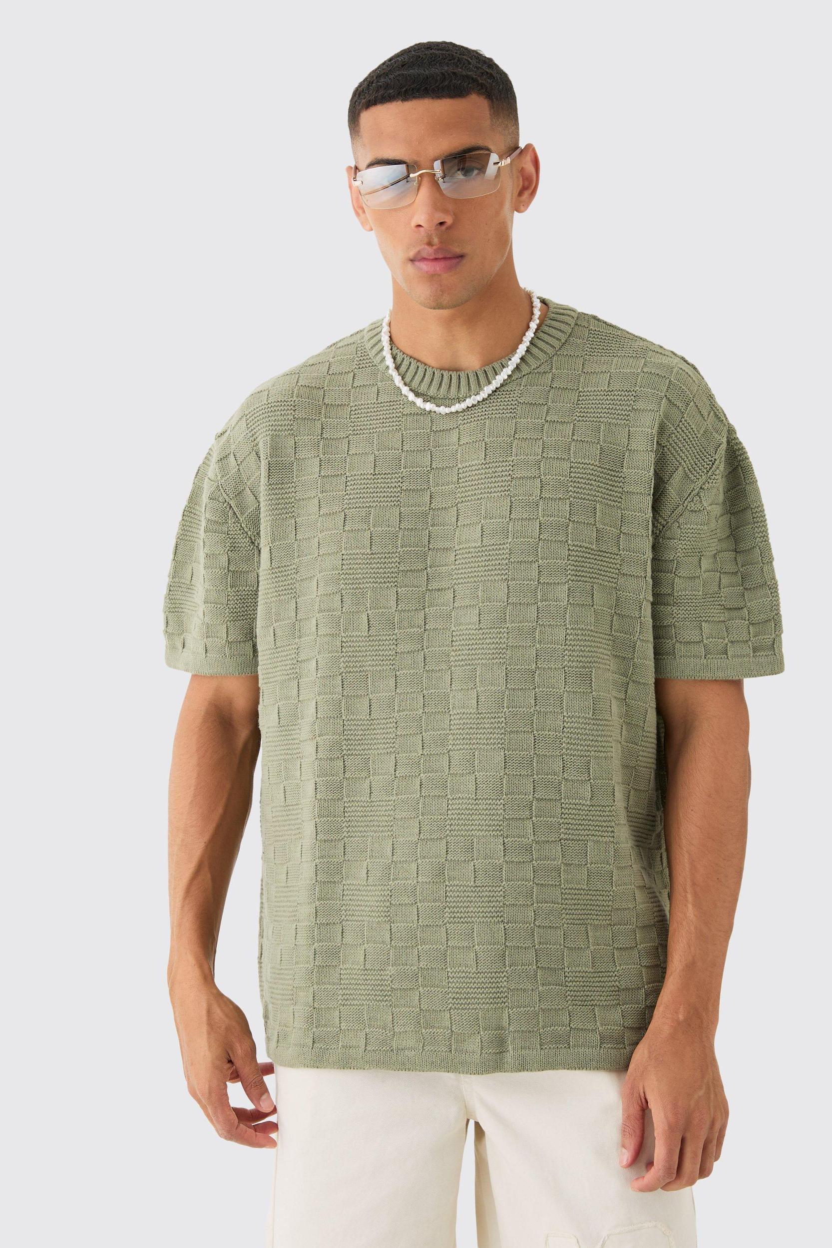 Oversized Textured Knit T-shirt In Khaki | boohooMAN USA Product Image