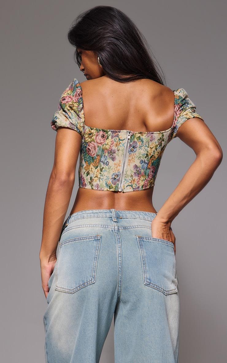 Multi Jacquard Floral Puff Sleeve Crop Top Product Image
