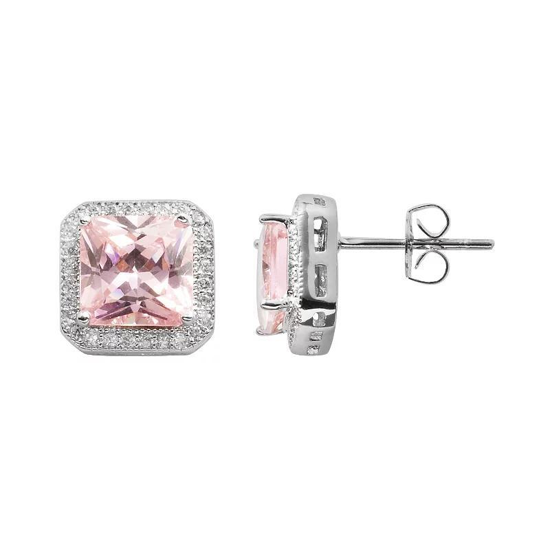 The Silver Lining Silver Plated Pink & White Cubic Zirconia Square Frame Stud Earrings, Women's Product Image