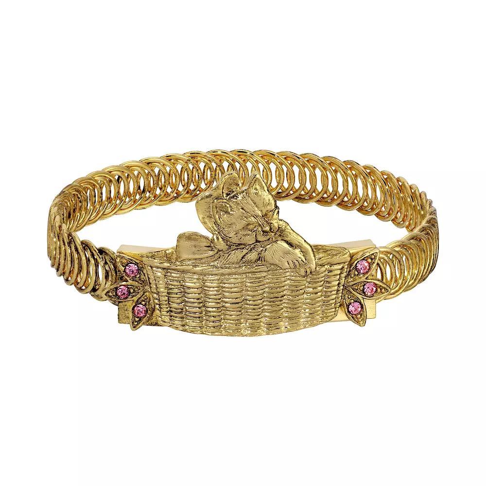 1928 Gold Tone Crystal Cat In Basket Bracelet, Womens, Pink Product Image