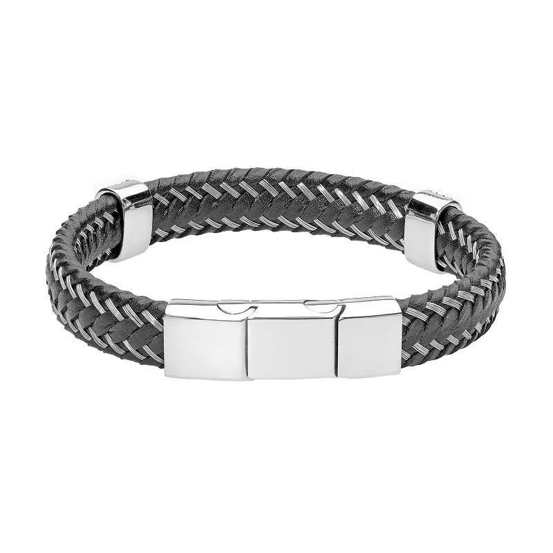 Mens LYNX Stainless Steel & Braided Leather Bracelet, Men's, Size: 10", Black Product Image