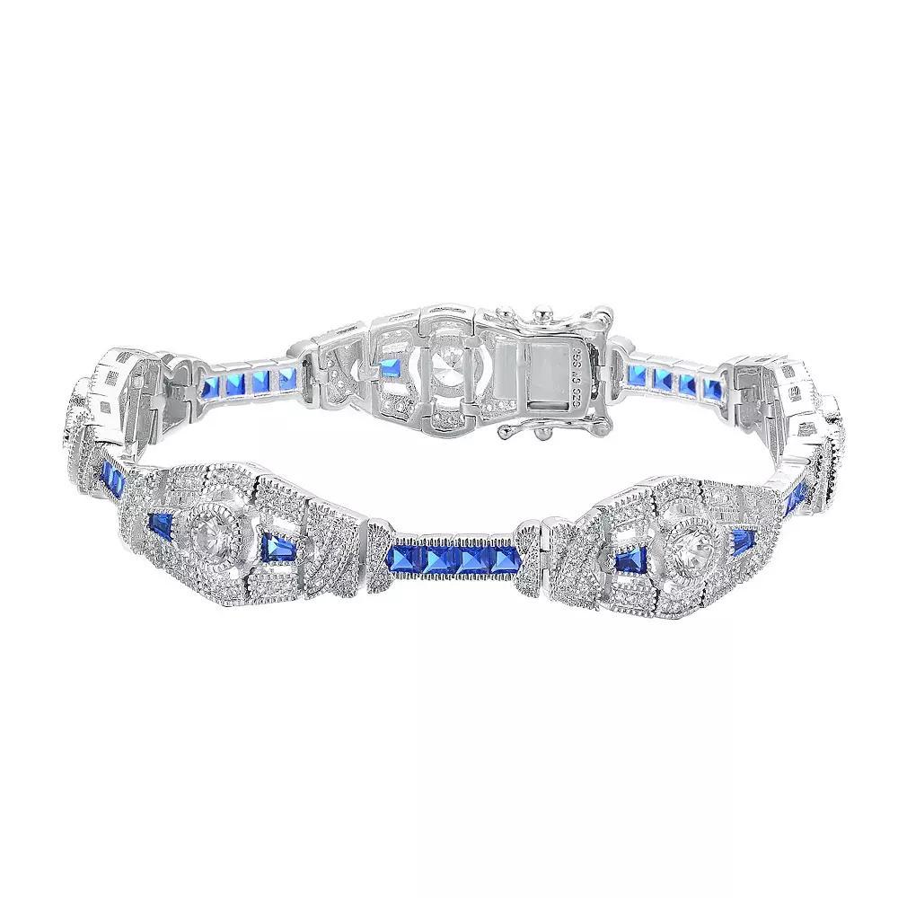 Sterling Silver & Blue Cubic Zirconia Oval Link Bracelet, Womens Product Image