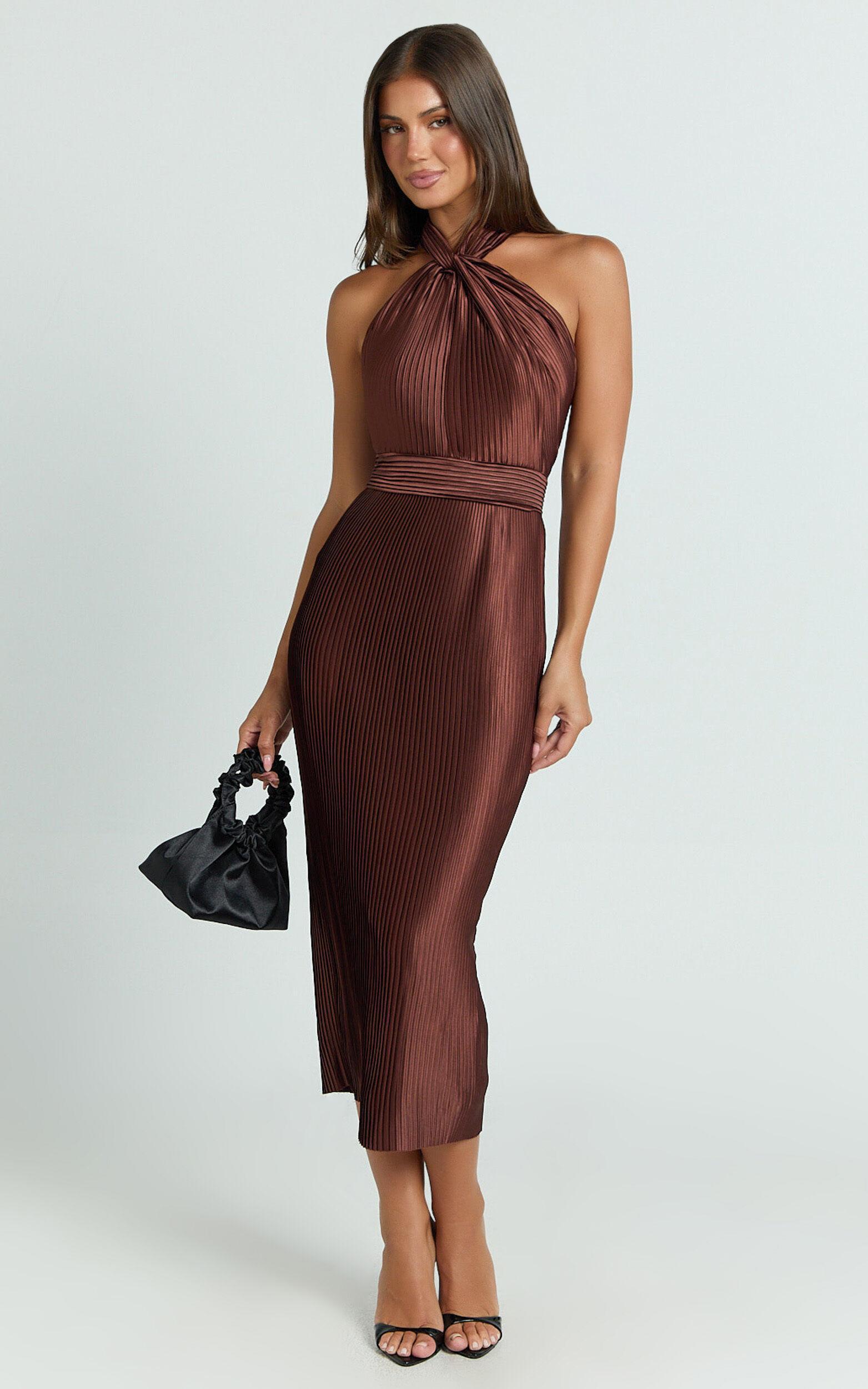 Marlette Midi Dress - Pleated Open Back Halter Dress in Chocolate Product Image