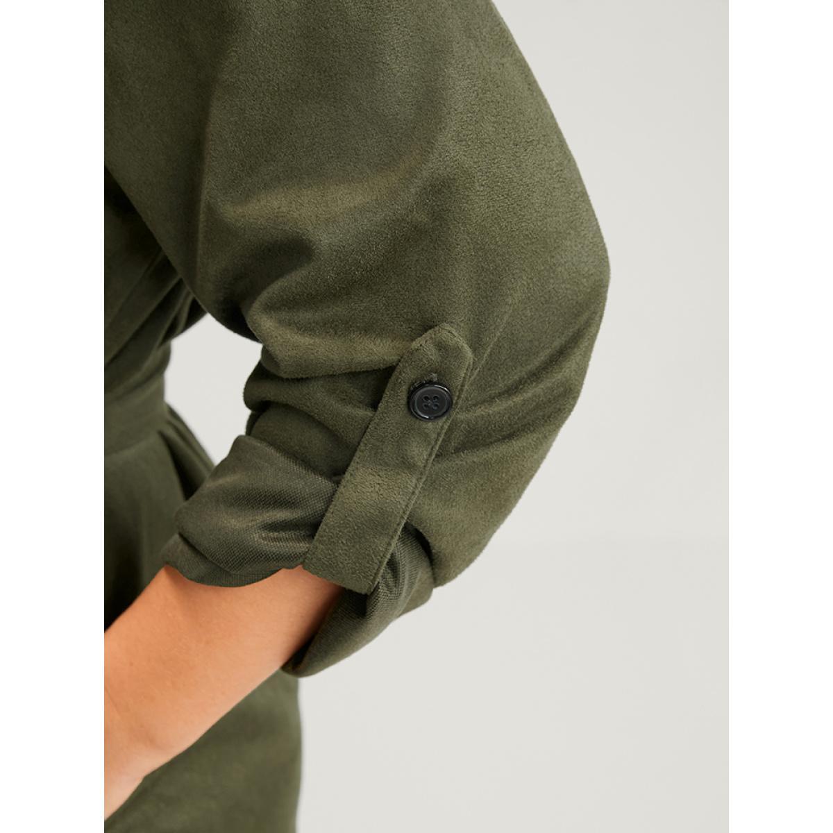 Plus Size Solid Cuffed Sleeve Pocket Button Down Belted Coat Women ArmyGreen Casual Belted Ladies Dailywear Winter Coats BloomChic 18-20/2X Product Image