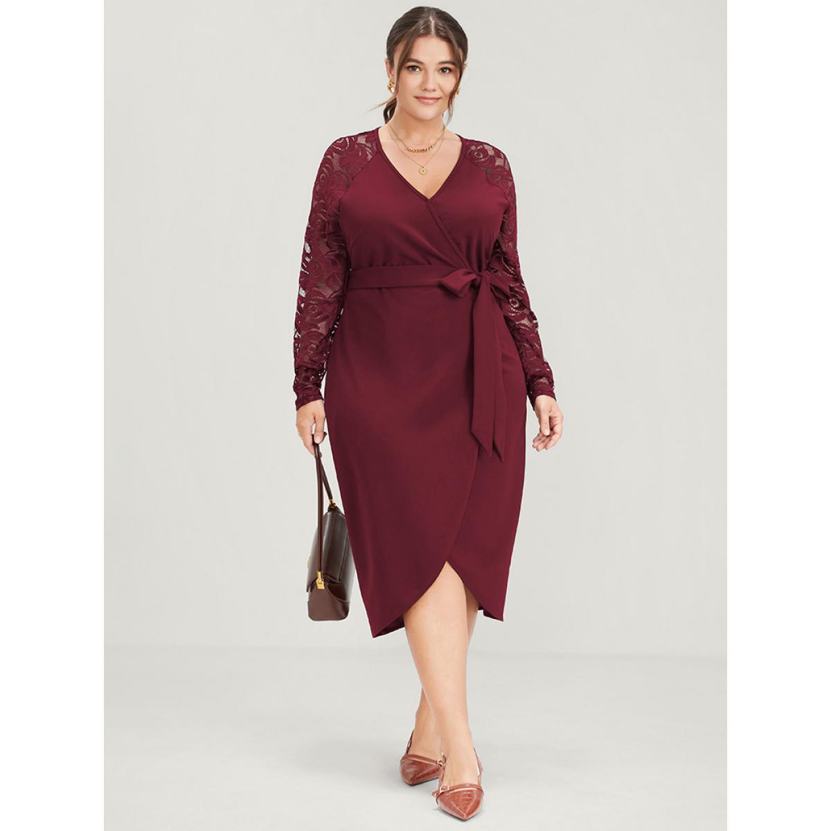 Plus Size Solid Button Eyelet Lace Belted Wrap Knee Dress Burgundy Women Elegant Cross straps V-neck Long Sleeve Curvy Midi Dress BloomChic 10/M Product Image