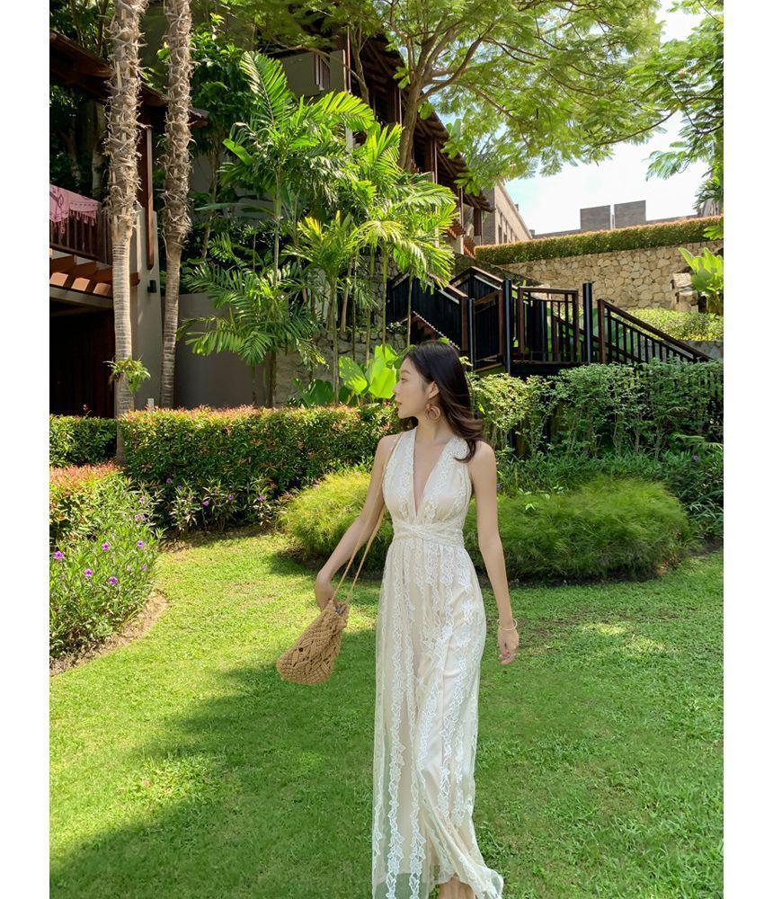 Sleeveless V-Neck Plain Lace Trim Wide Leg Jumpsuit Product Image