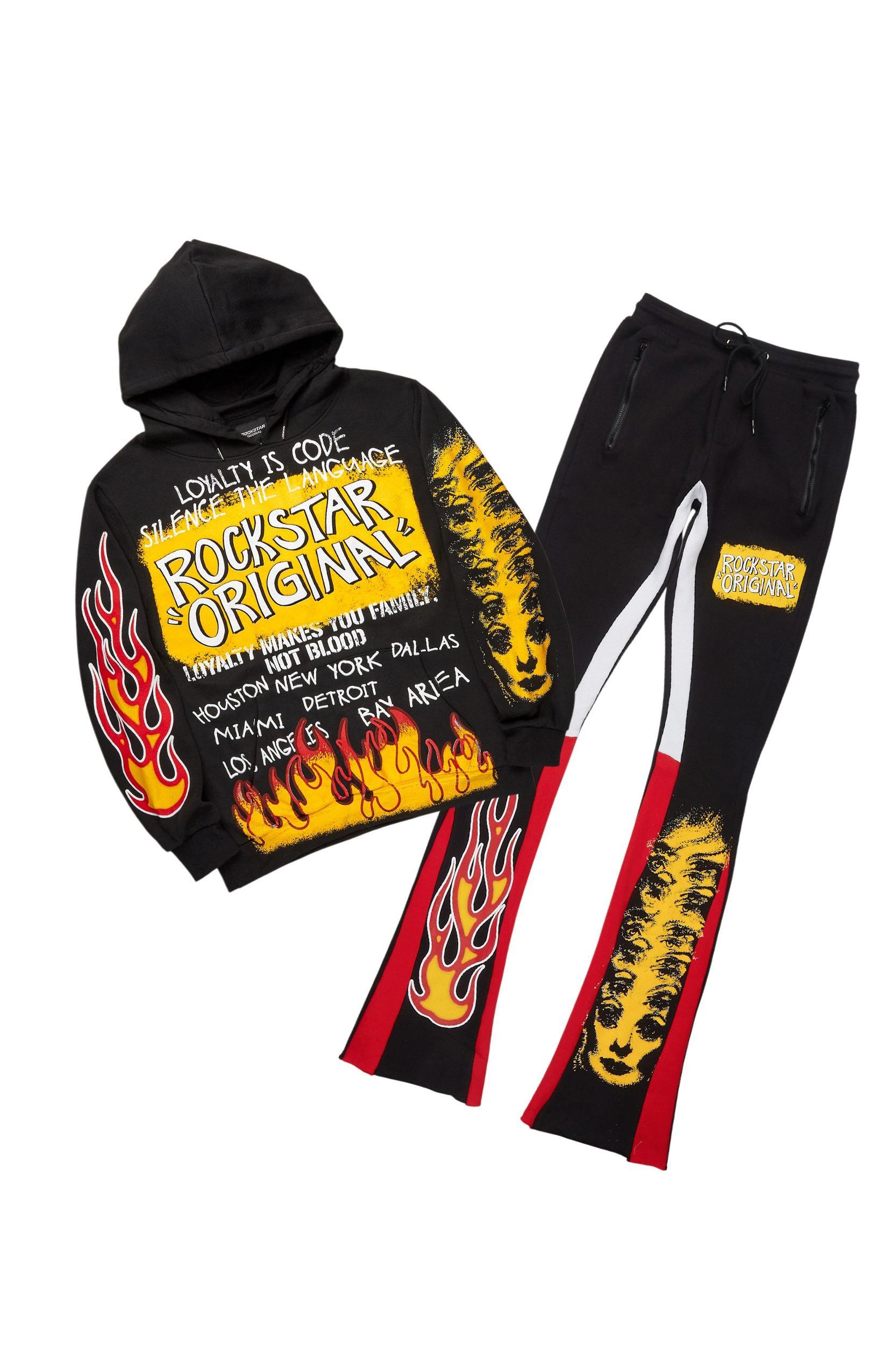 Beno Black/Yellow Stacked Flare Hoodie Track Set Male Product Image