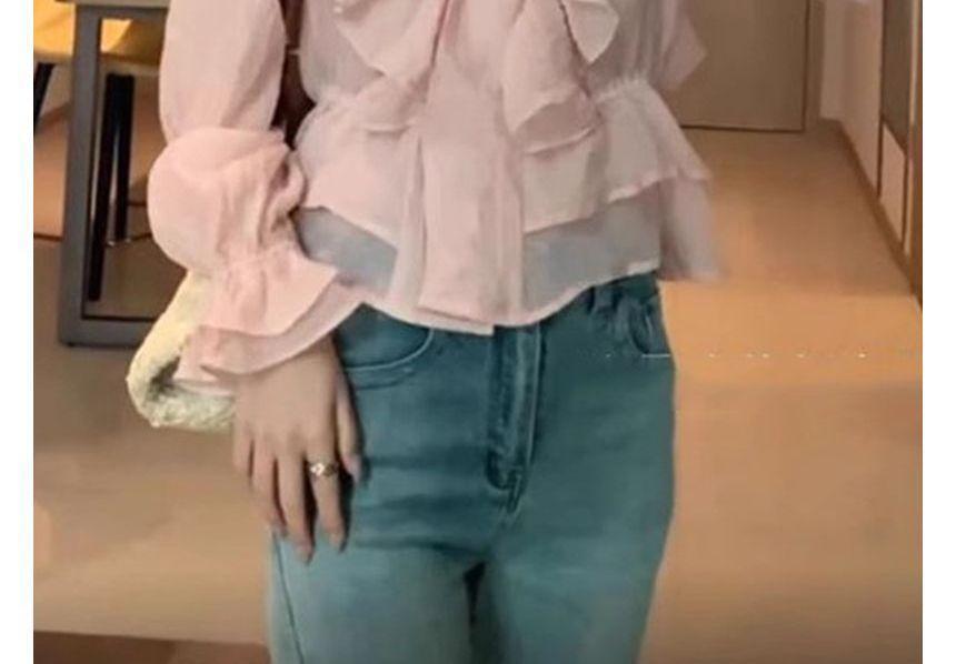 Long-Sleeve V-Neck Ruffle Plain Crop Blouse Product Image