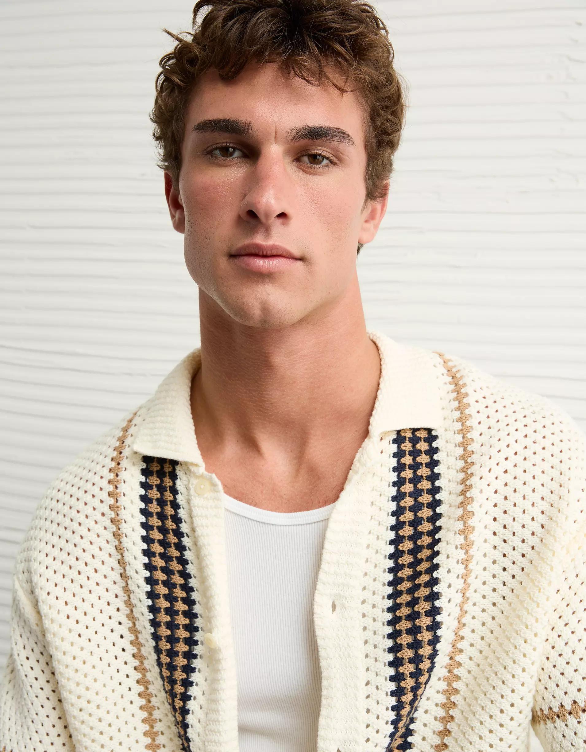 AE Weekend Crochet Button-Up Sweater Polo Shirt Product Image