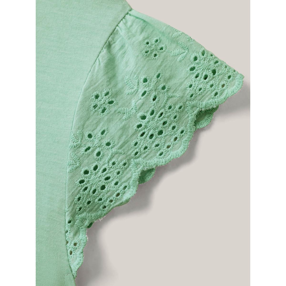 Plus Size Webbed Lace V-Neck Solid T-Shirt Mint Women Woven ribbon&lace trim V-neck Everyday-Elegant T-shirts BloomChic 12/L Product Image