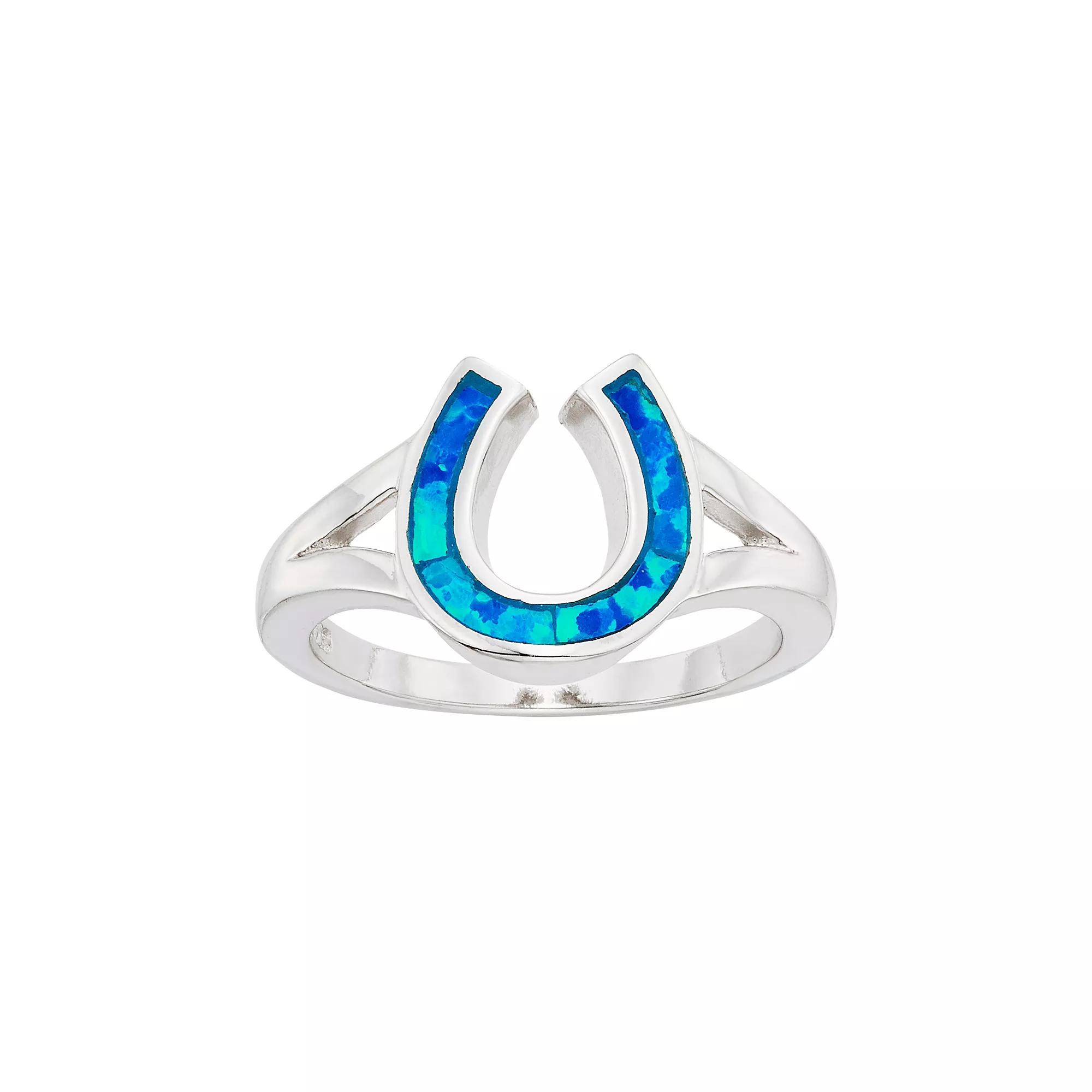 Lab-Created Blue Opal Sterling Silver Horseshoe Ring, Womens Product Image