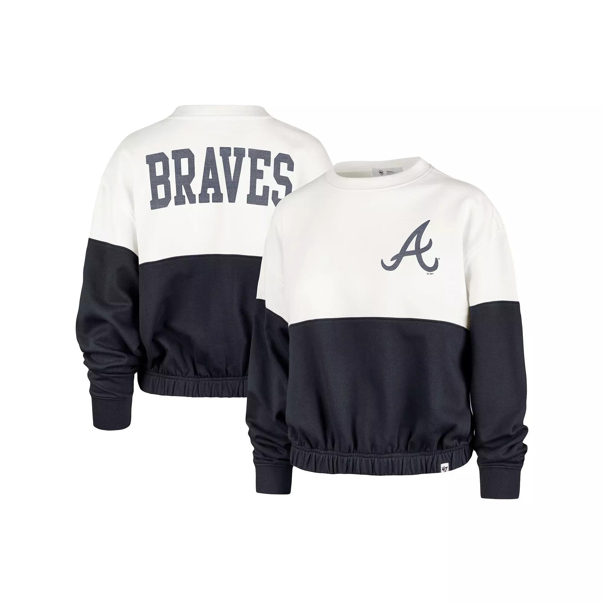 Women's '47 White/Navy Atlanta Braves Take Two Bonita Pullover Sweatshirt, Size: Small Product Image