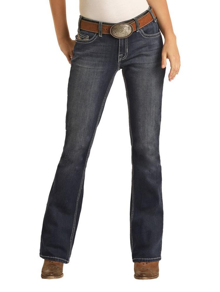 SALE Rock & Roll Denim® Ladies' Pleather Embroidered MR Bootcut Jeans Product Image