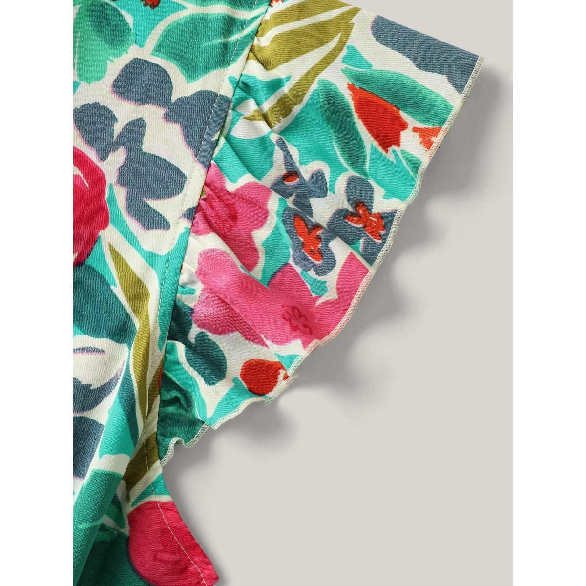 Plus Size Malachitegreen Sunkissed Floral Print Button Wide-Leg Jumpsuit Women Cap Sleeve Notched collar Vacation Loose Jumpsuits BloomChic 12/L Product Image