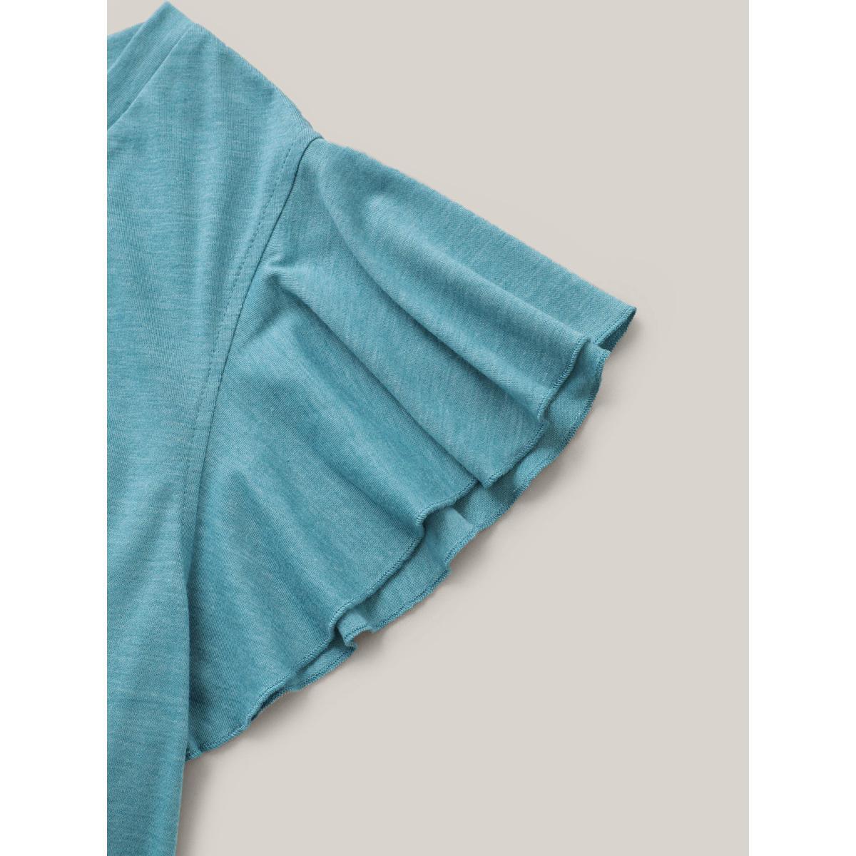 Plus Size Solid Heather Gathered Ruffle Sleeve T-shirt Cerulean Women Elegant Non V-neck Everyday T-shirts BloomChic 14-16/1X Product Image