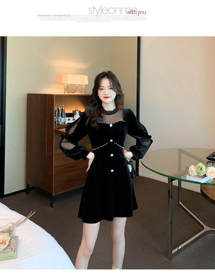 Long-Sleeve Beaded Velvet Mini A-Line Dress Product Image