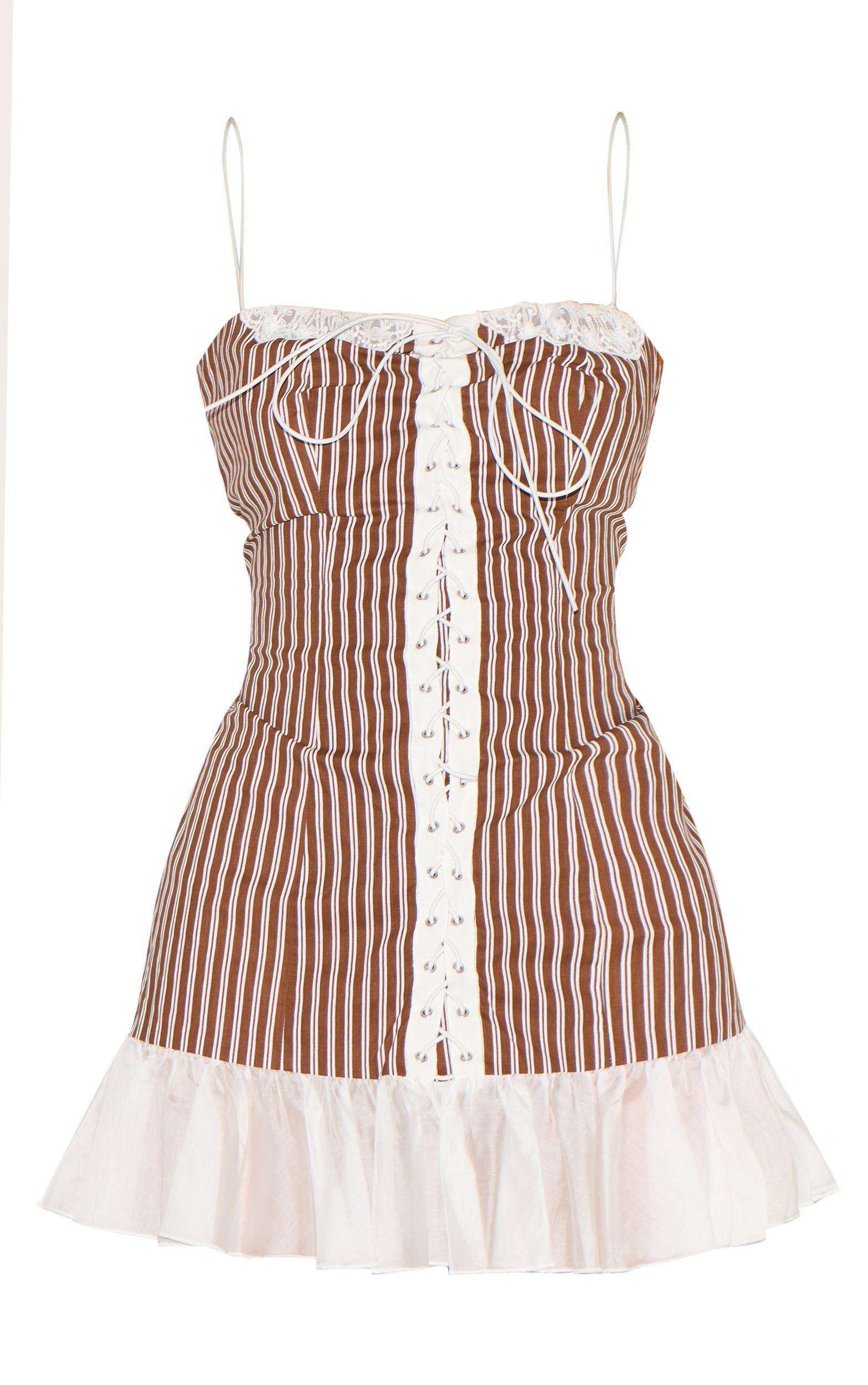 Chocolate Striped Lace Up Frill Hem Bodycon Dress Product Image