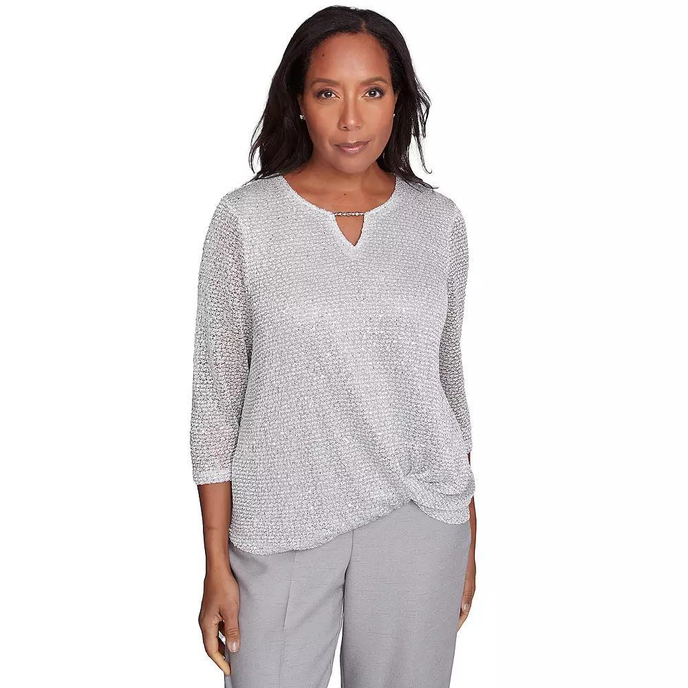 Petite Alfred Dunner Sequin Beaded Split Neck Top, Women's, Size: Large Petite, Dove Gray Product Image