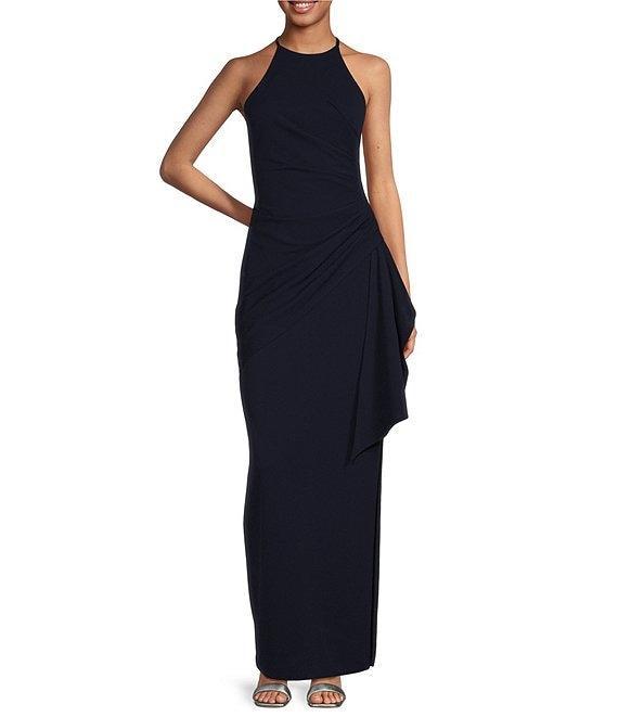 Belle by Badgley Mischka Cara Halter Neck Sleeveless Stretch Crepe Ruched Side Slit Sheath Gown Product Image