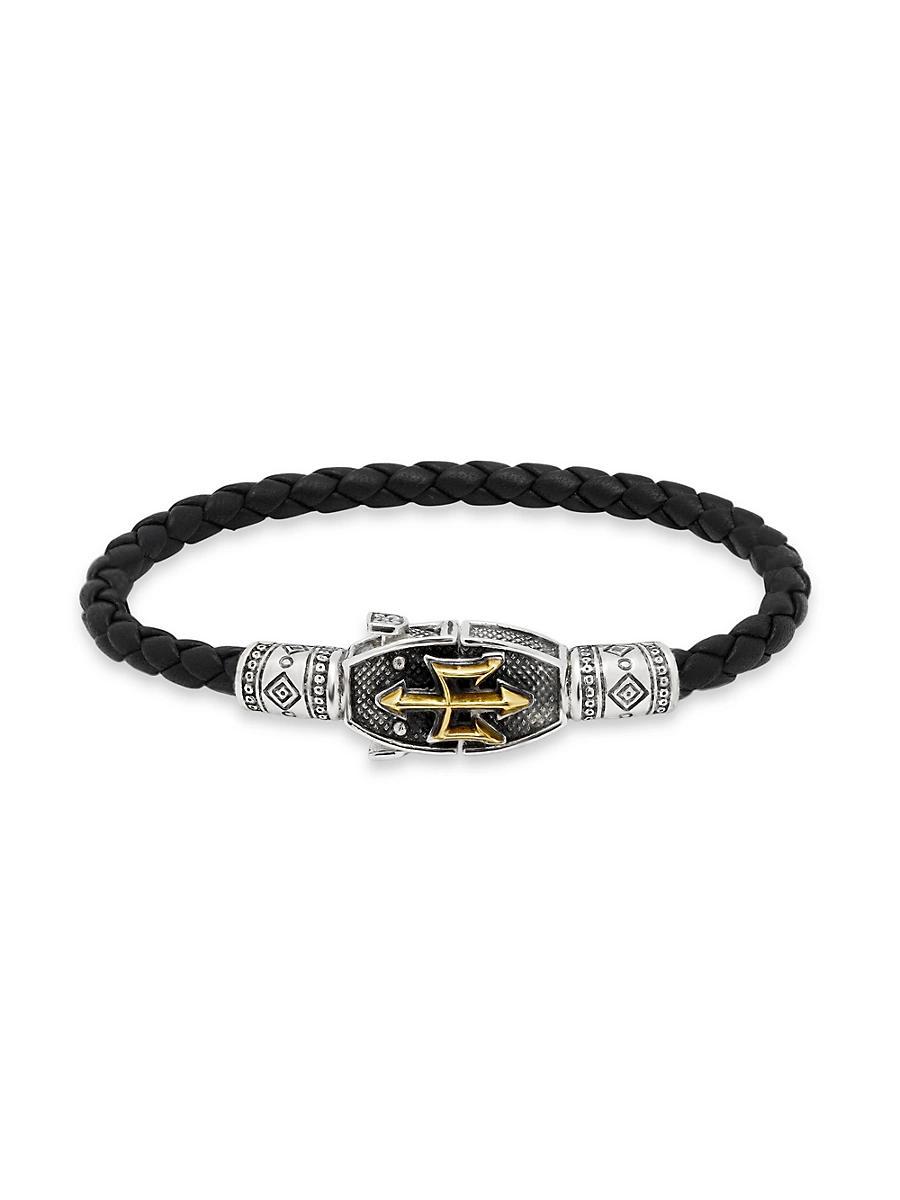 Womens Perseus Sterling Silver & Bronze Woven Leather Trident Bracelet Product Image