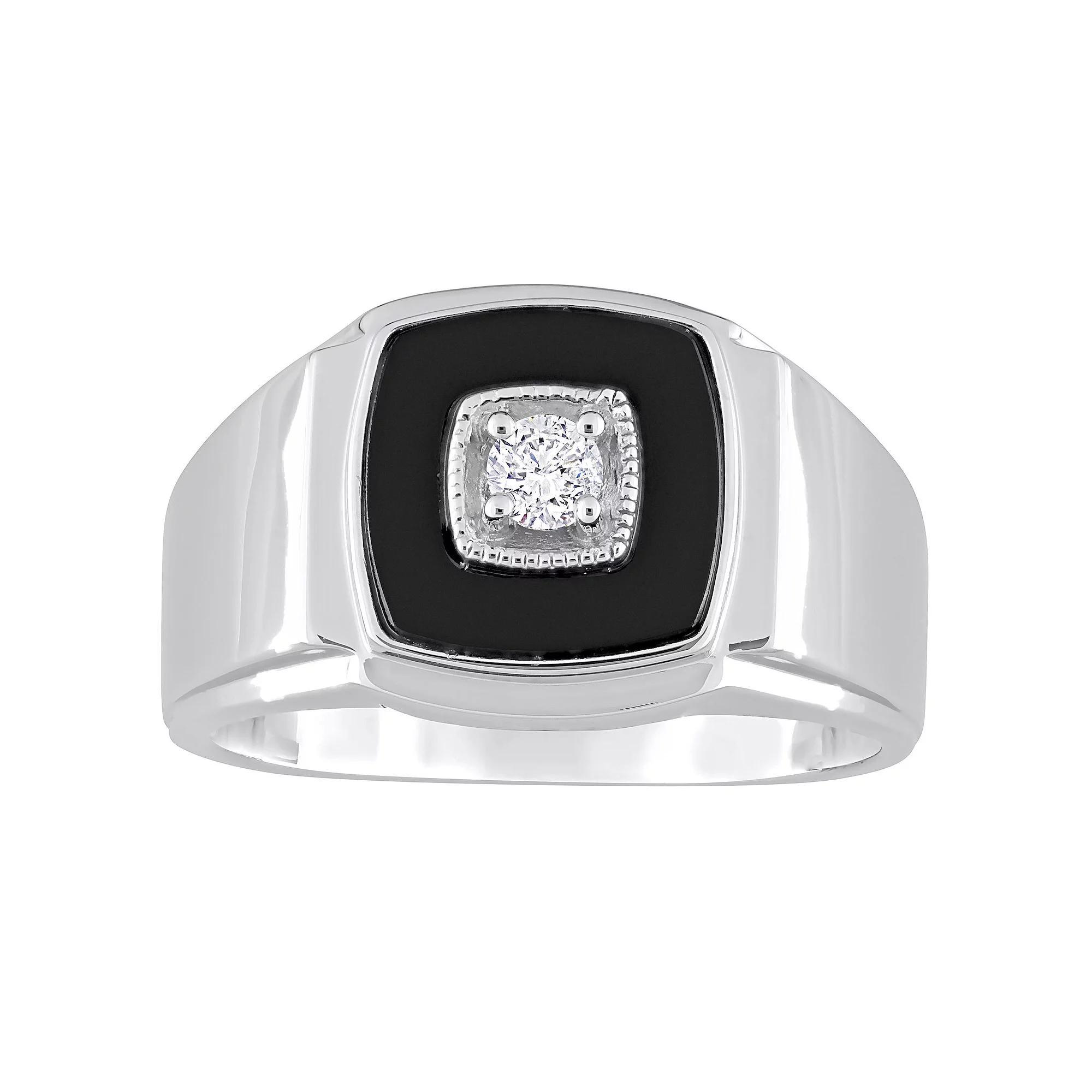 Stella Grace Mens Sterling Silver Square Black Onyx & 1/6 Carat T.W. Diamond Ring Product Image