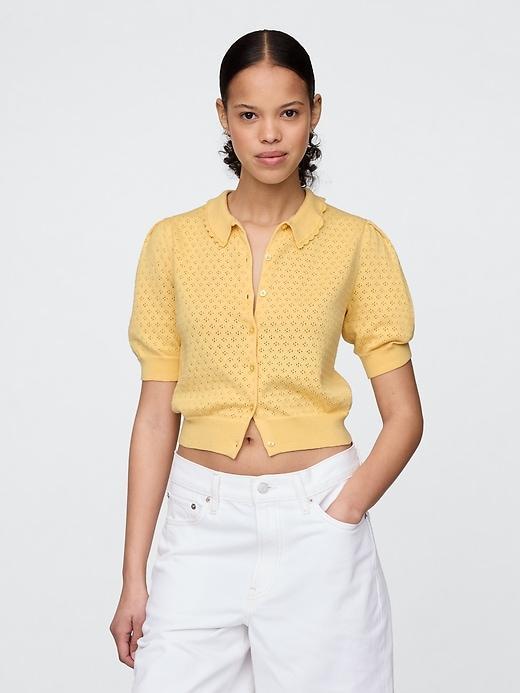 100% Cotton Cropped Pointelle Cardigan Product Image