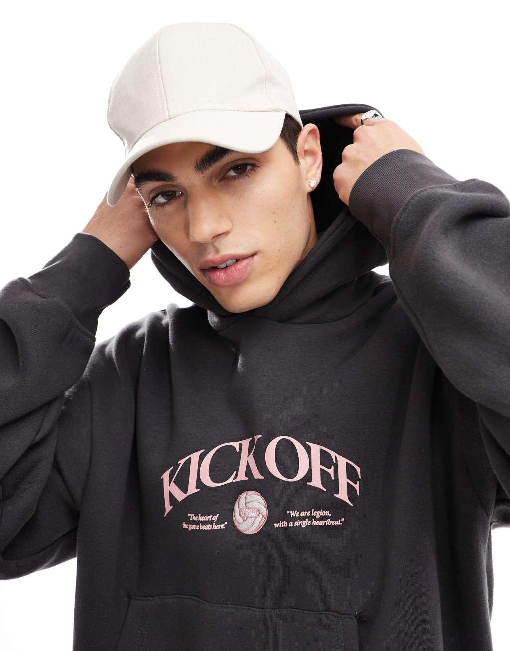 Bershka kick off back printed hoodie in charcoal  Product Image