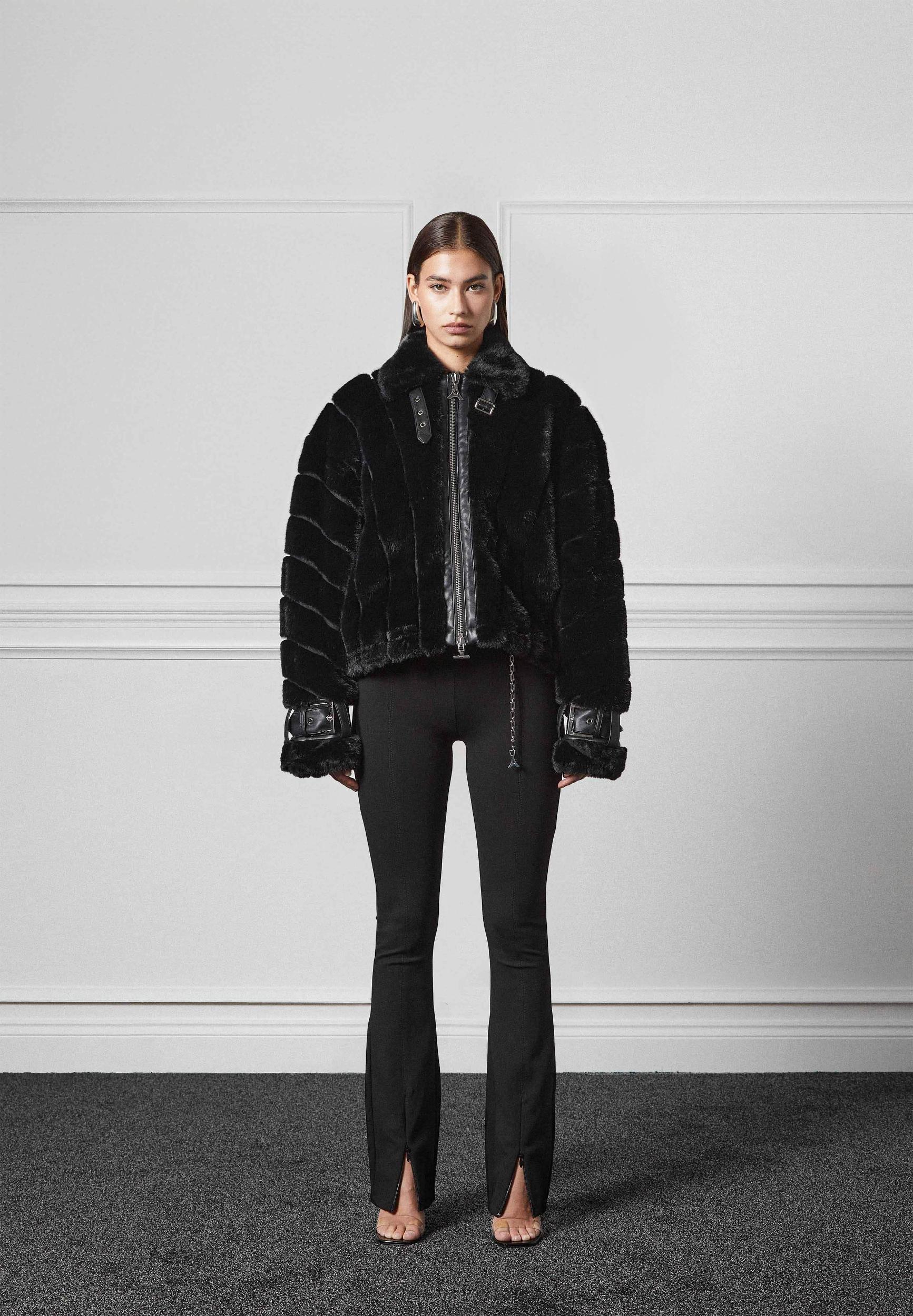 Oversized Ribbed Plush Jacket With Lapel - Black Female Product Image